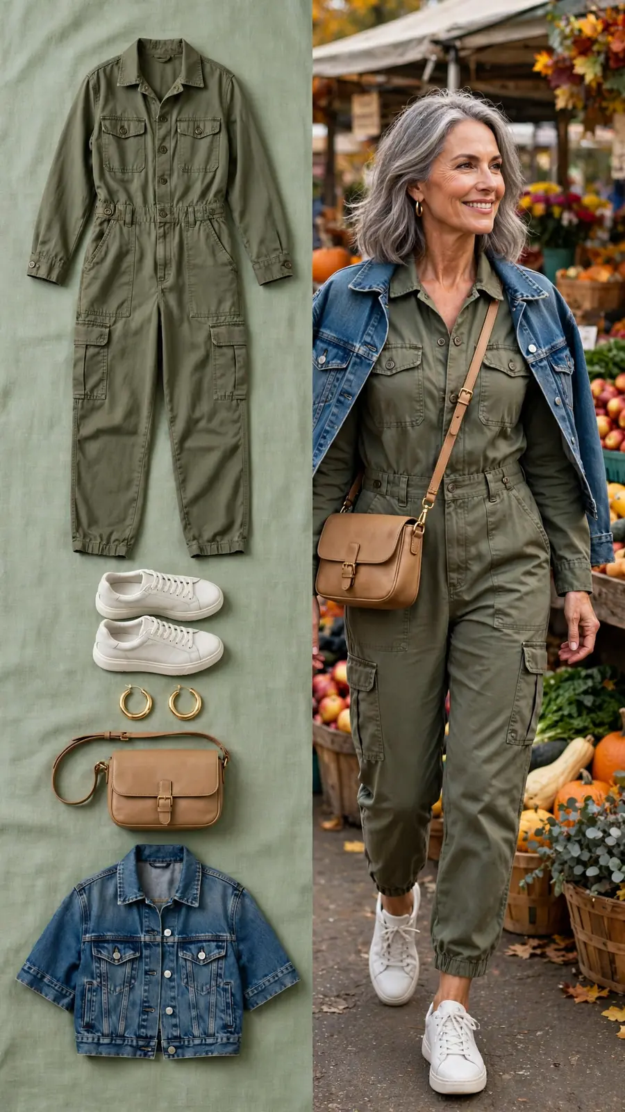 Split outfit idea: olive jumpsuit flat lay and a mature woman wearing it with white sneakers and a denim jacket