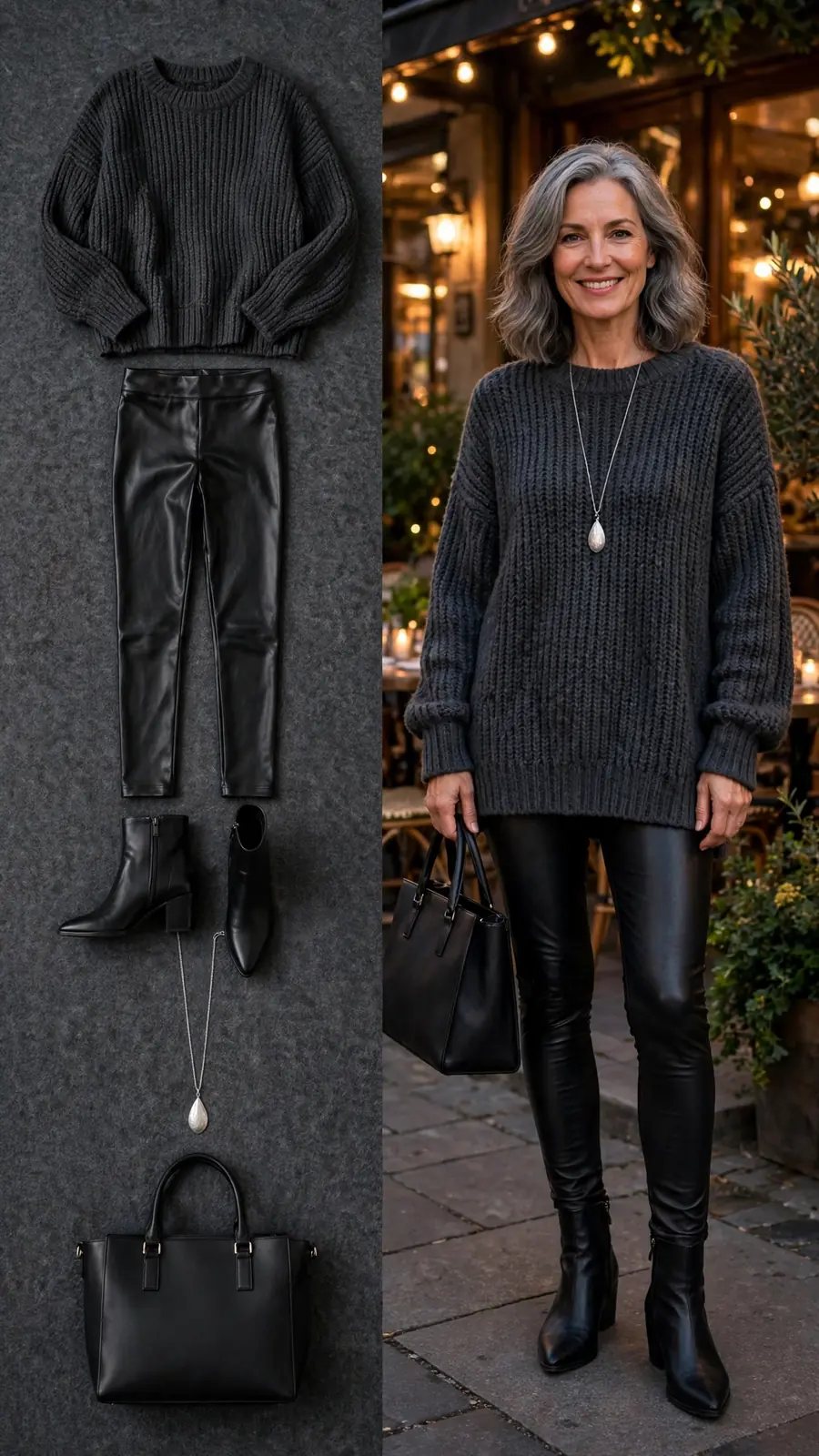 Split outfit idea: charcoal tunic sweater and faux leather leggings flat lay and a mature woman wearing them with pointed booties
