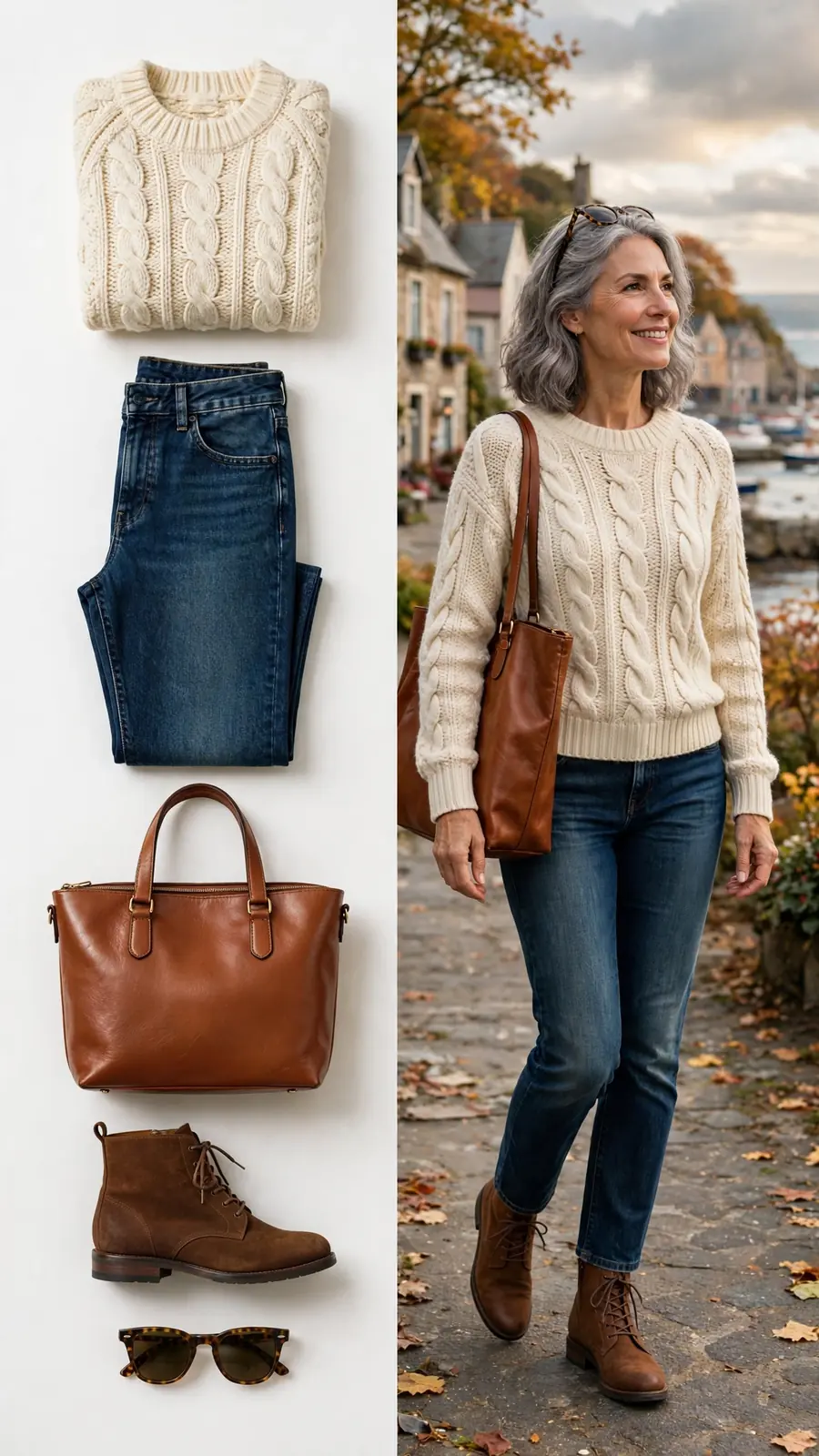 Split outfit idea: cream fisherman sweater flat lay and a mature woman wearing it with dark jeans and brown boots