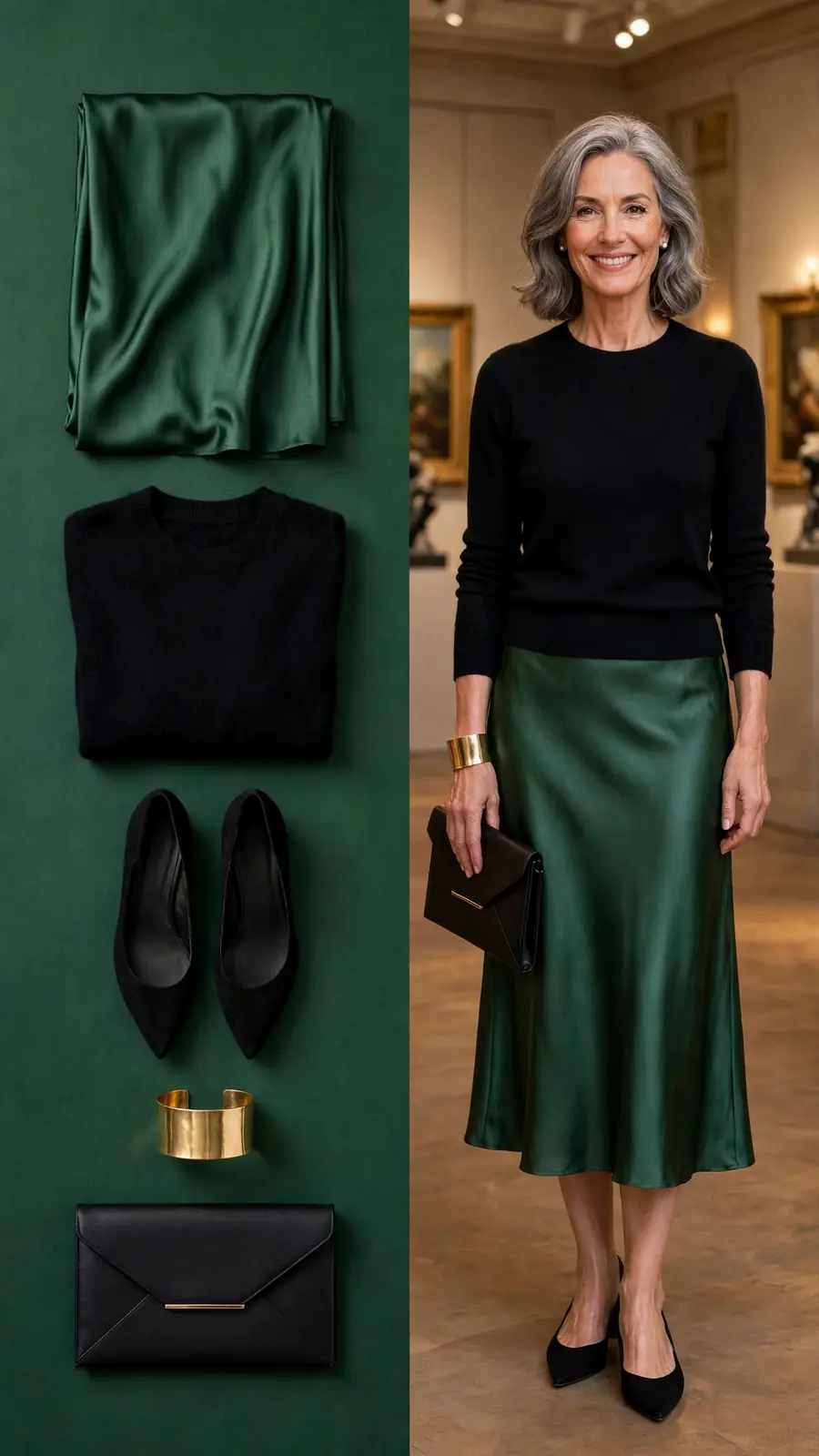 Split outfit idea: forest satin skirt flat lay and a mature woman wearing it with a black cashmere sweater