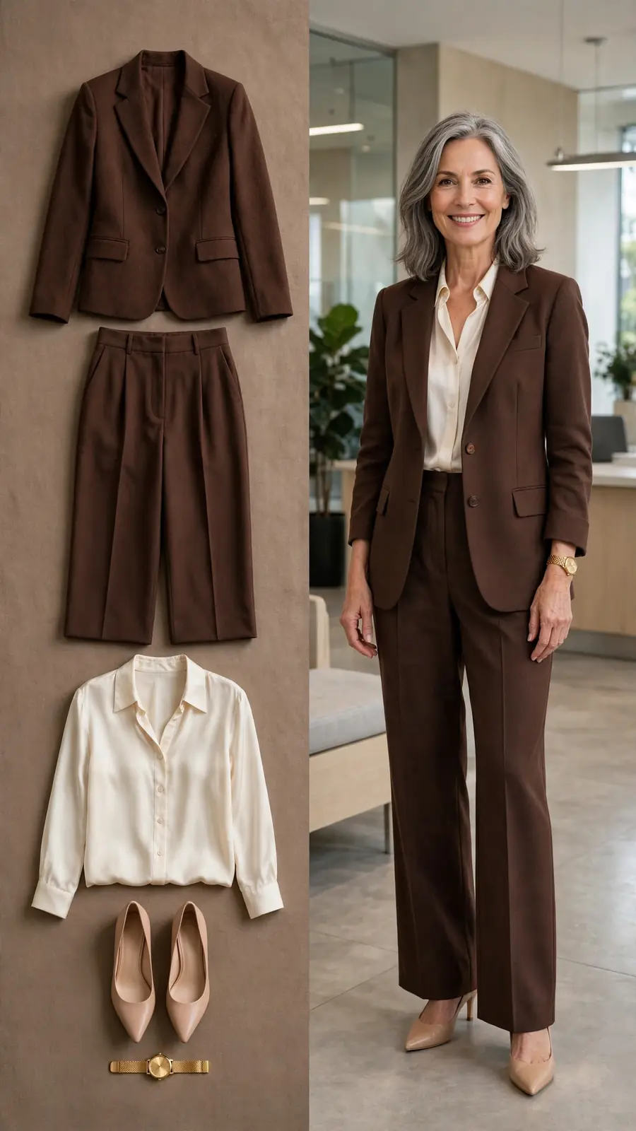 Split outfit idea: chocolate blazer and trousers flat lay and a mature woman wearing them with a cream blouse