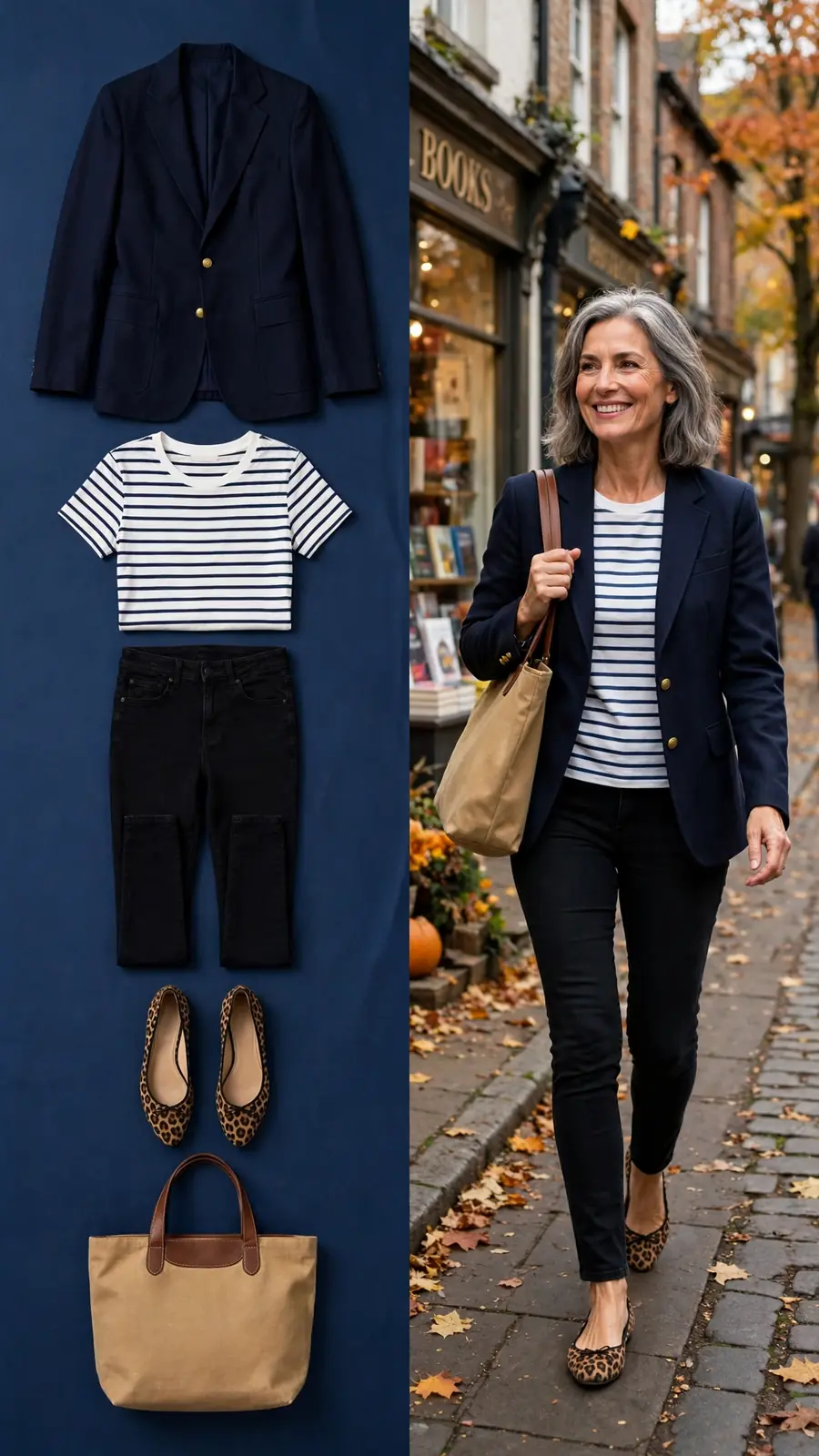 Split outfit idea: navy blazer and striped tee flat lay and a mature woman wearing them with black jeans and leopard flats