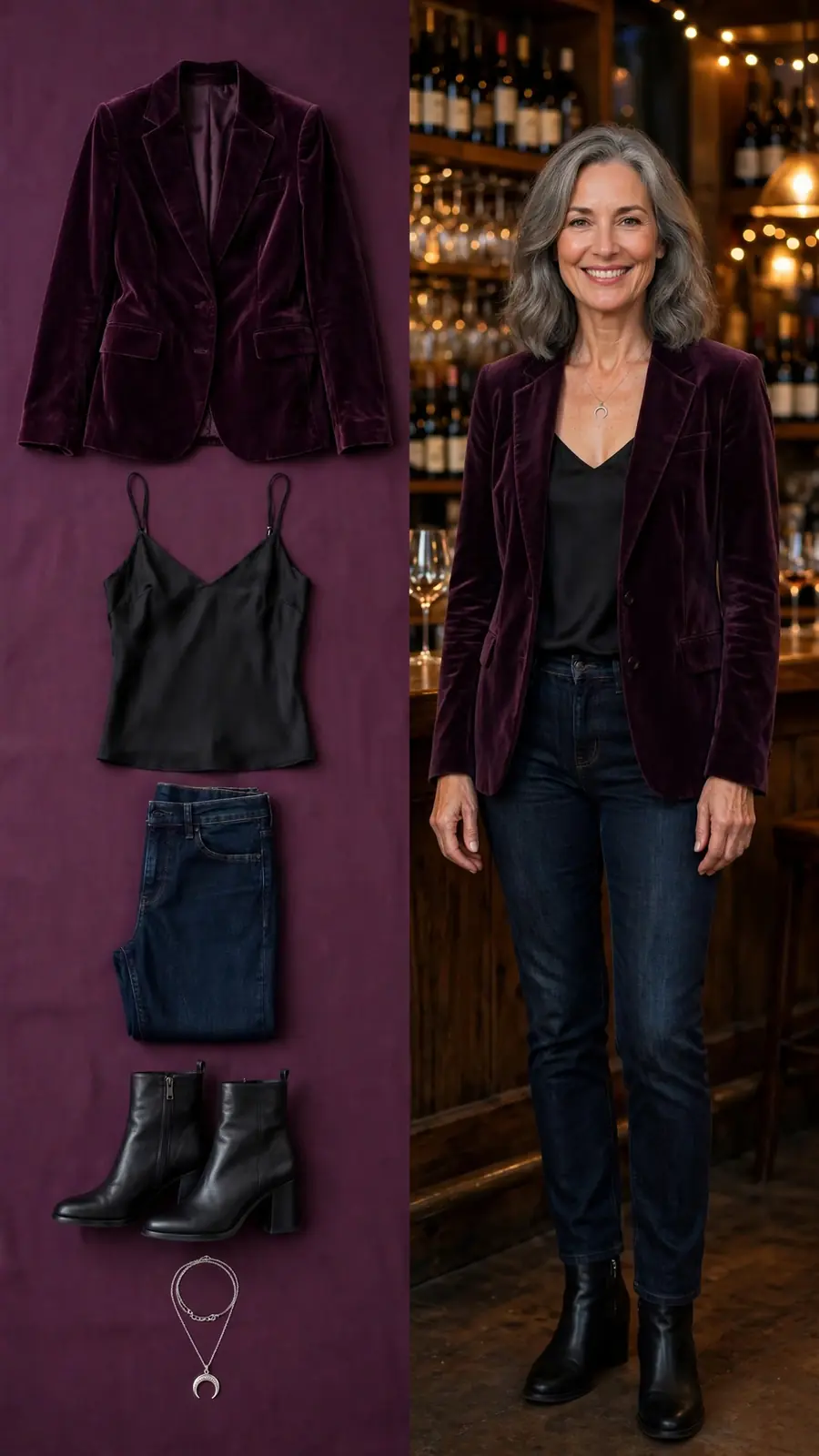 Split outfit idea: plum velvet blazer flat lay and a mature woman wearing it with a black camisole and dark jeans
