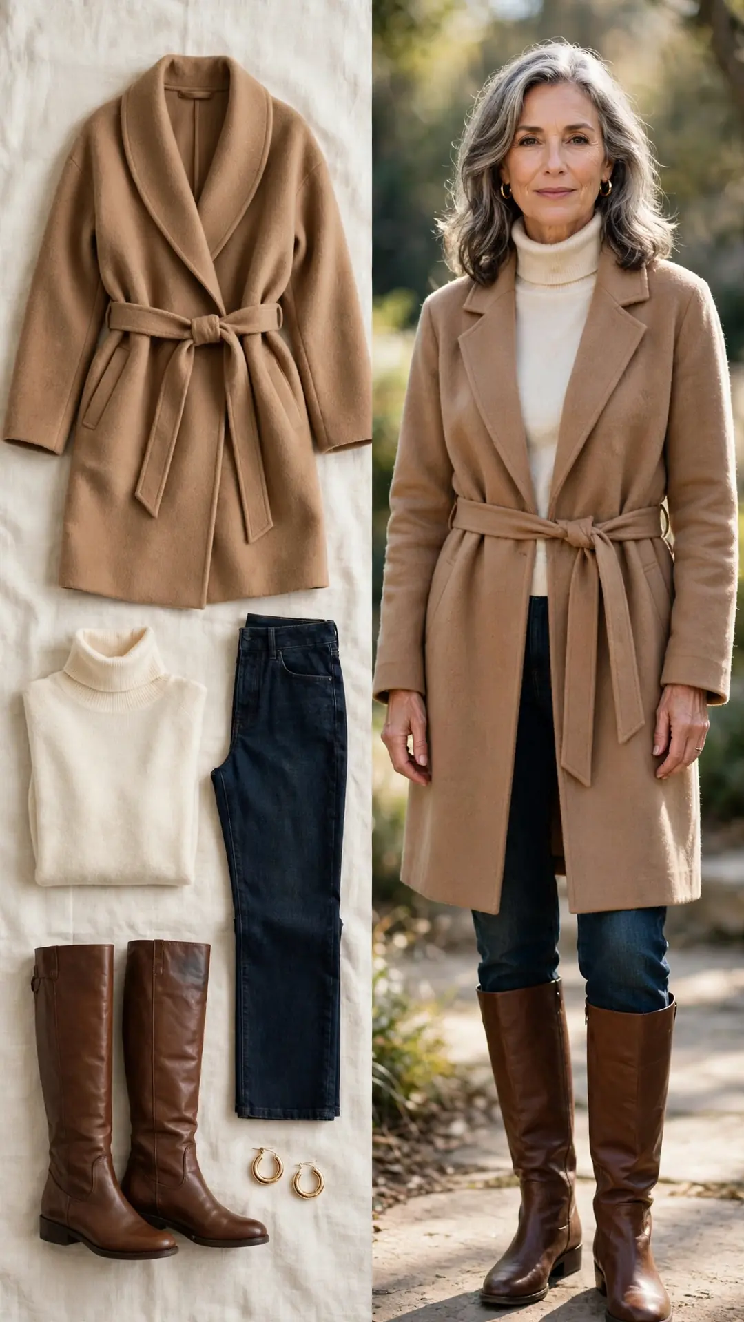 Camel wool wrap coat with cream turtleneck, dark jeans and brown knee-high boots