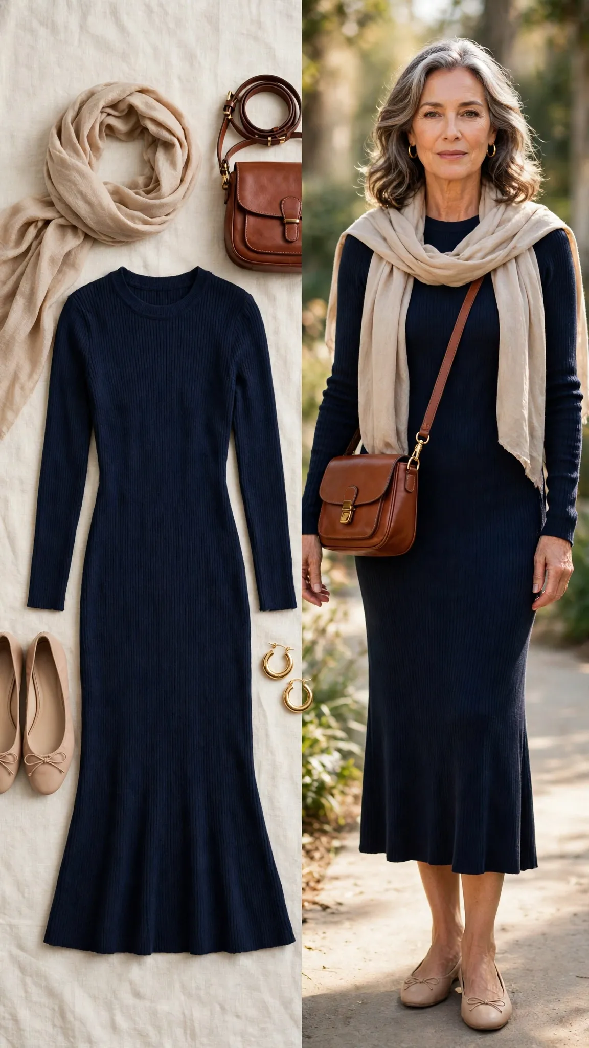 Split outfit idea: The Knit Midi Dress That Never Wrinkles flat lay, and a mature woman over 50 wearing it