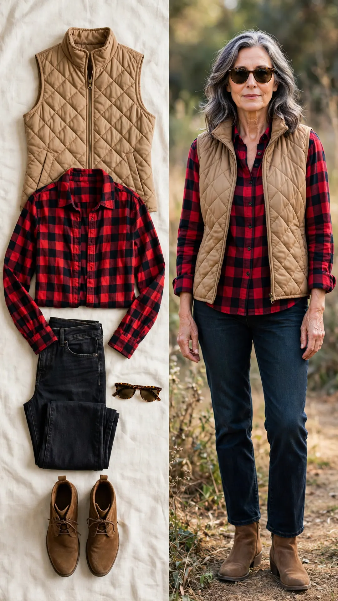Split outfit idea: camel quilted vest, red-and-black buffalo plaid flannel shirt, dark straight-leg jeans and brown suede ankle boots, and a mature woman wearing it layered with tortoise sunglasses.