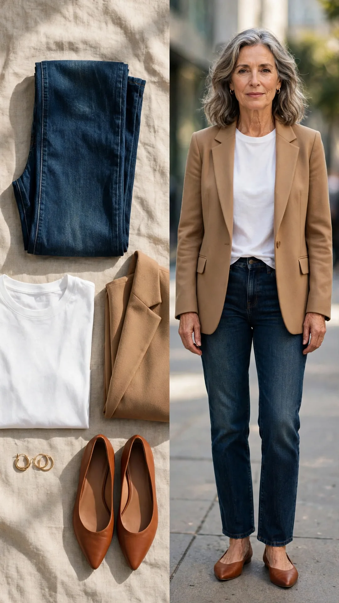 Split outfit idea: dark-wash straight jeans, white tee, camel blazer and cognac flats flat lay, and a mature woman wearing them with the tee front-tucked