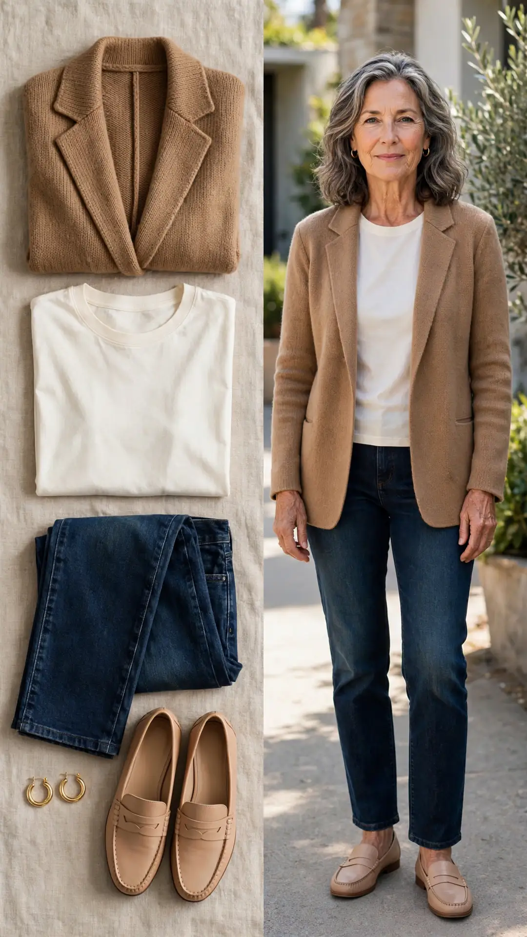 Split outfit idea: camel knit blazer, ivory tee, dark jeans and nude loafers flat lay, and a mature woman wearing them
