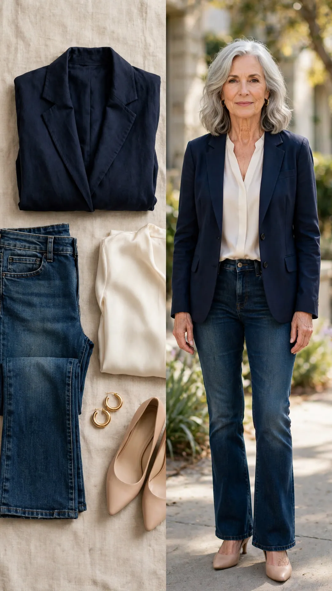 Split outfit idea: Dark-Wash Bootcut + Navy Blazer flat lay, and a mature woman over 50 wearing it