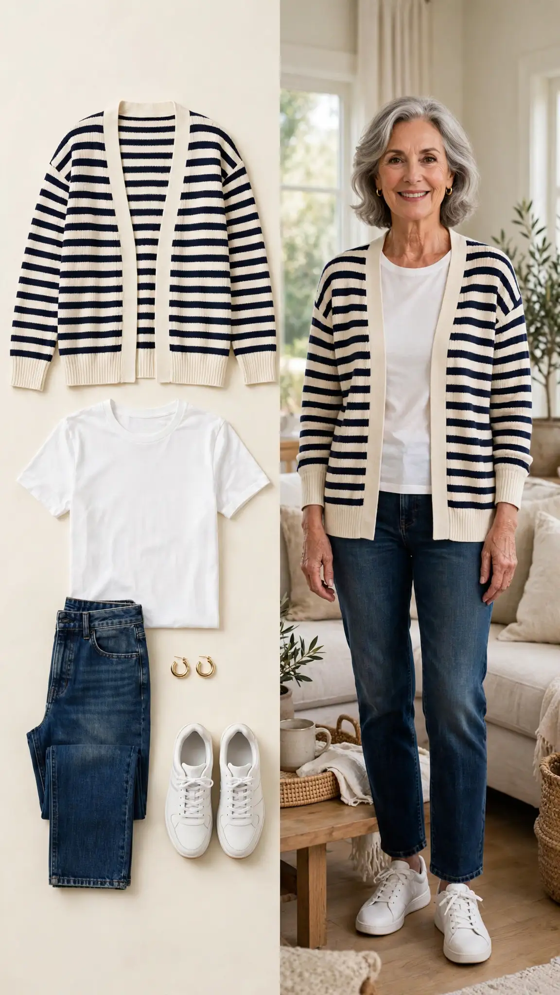 Split outfit idea: Dark-Wash Jeans, White Tee, and a Striped Cardigan flat lay, and a mature woman over 50 wearing it