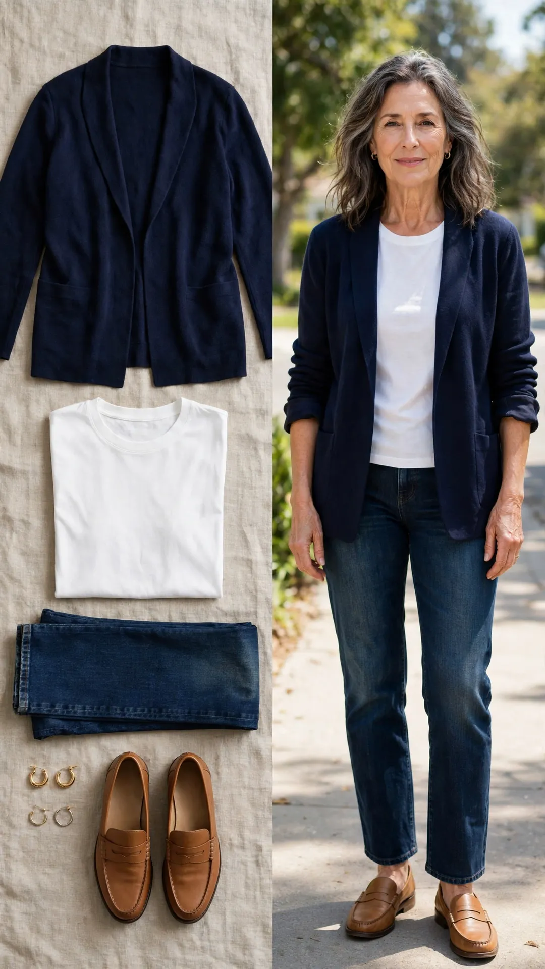 Split outfit idea: navy unstructured knit blazer, white tee, dark jeans and tan loafers flat lay, and a mature woman wearing them
