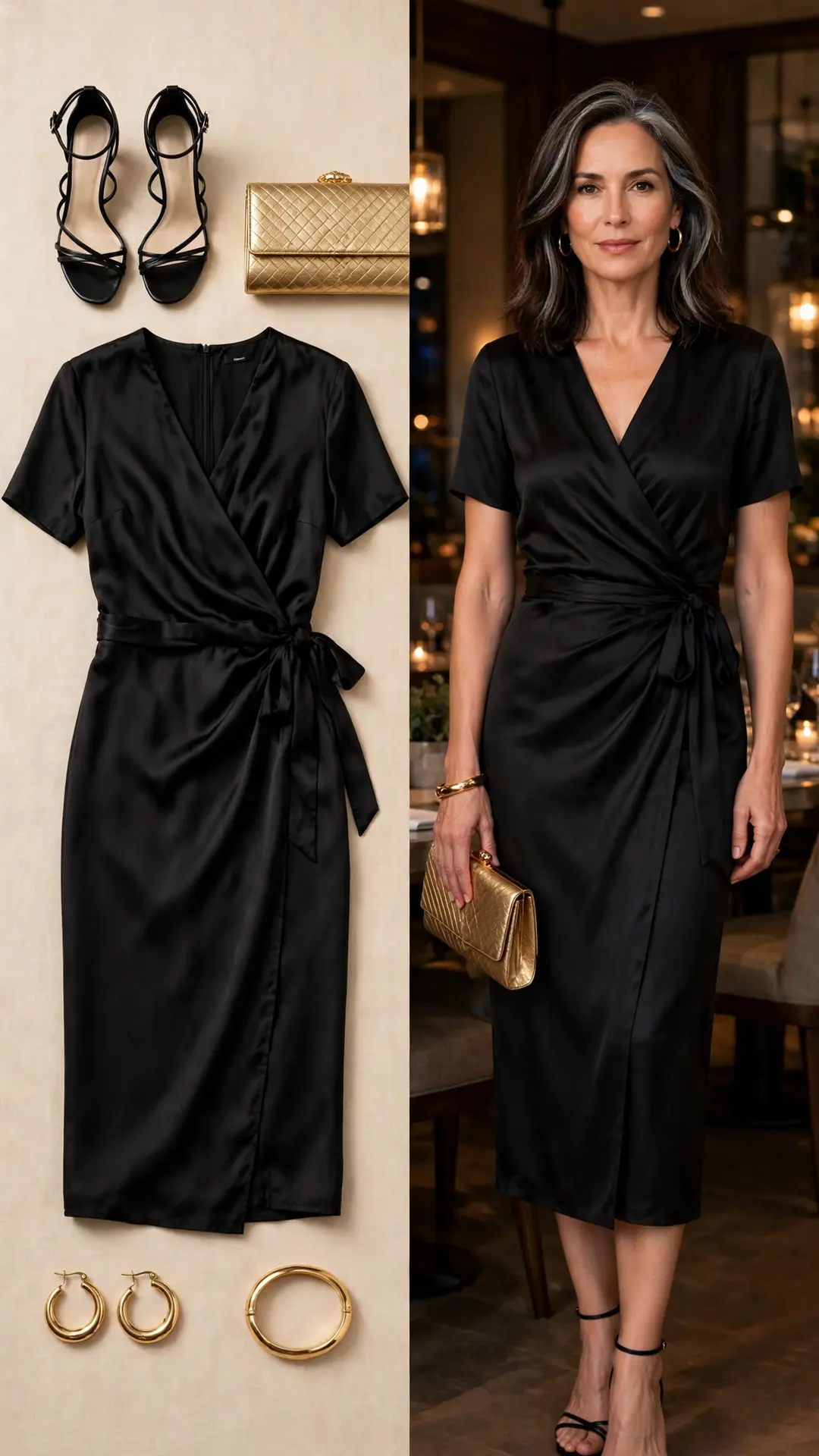 Split outfit idea: flat lay and a mature woman wearing a black silk-look wrap midi dress with strappy black heels, gold hoop earrings, a gold bangle bracelet, and a gold evening clutch in an upscale restaurant.