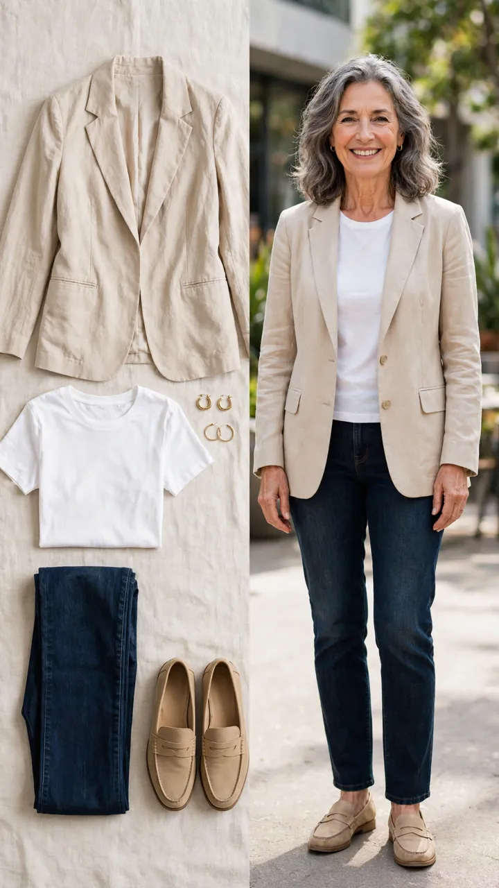Split outfit idea: The Soft-Shoulder Staple flat lay, and a mature woman over 50 wearing it