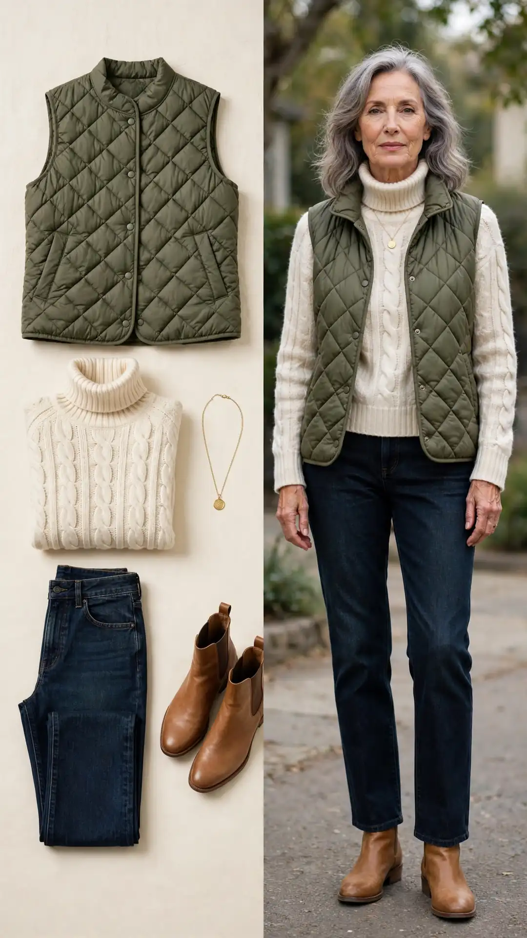Split outfit idea: olive quilted vest and cream cable turtleneck flat lay and a mature woman wearing them with dark jeans and tan ankle boots