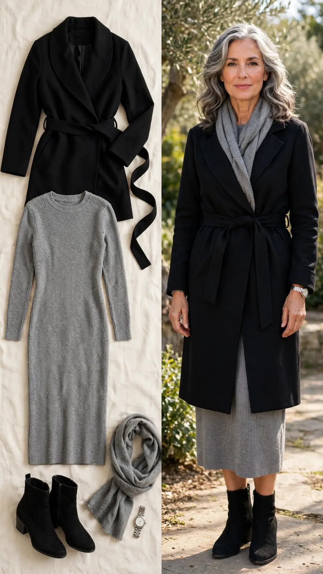 Black wrap coat over grey knit midi dress with black suede ankle boots and grey scarf
