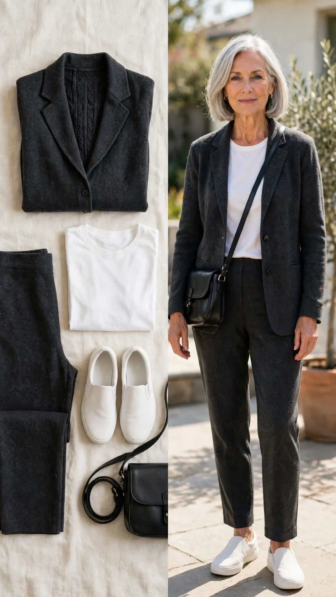 Split outfit idea: The Ponte Travel Suit flat lay, and a mature woman over 50 wearing it