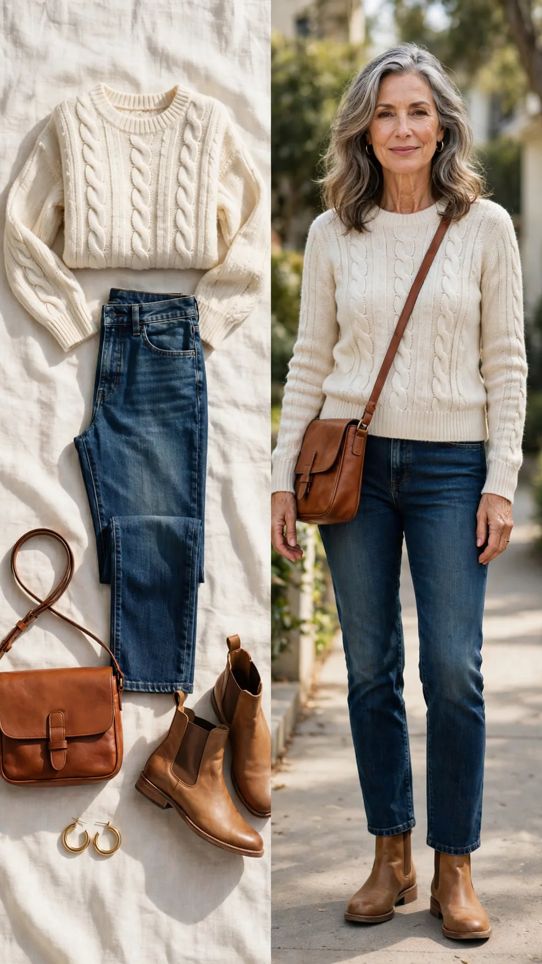 Split outfit idea: cream cable-knit sweater, dark-wash straight jeans, tan leather Chelsea boots and a cognac leather crossbody, and a mature woman wearing it with gold hoop earrings.