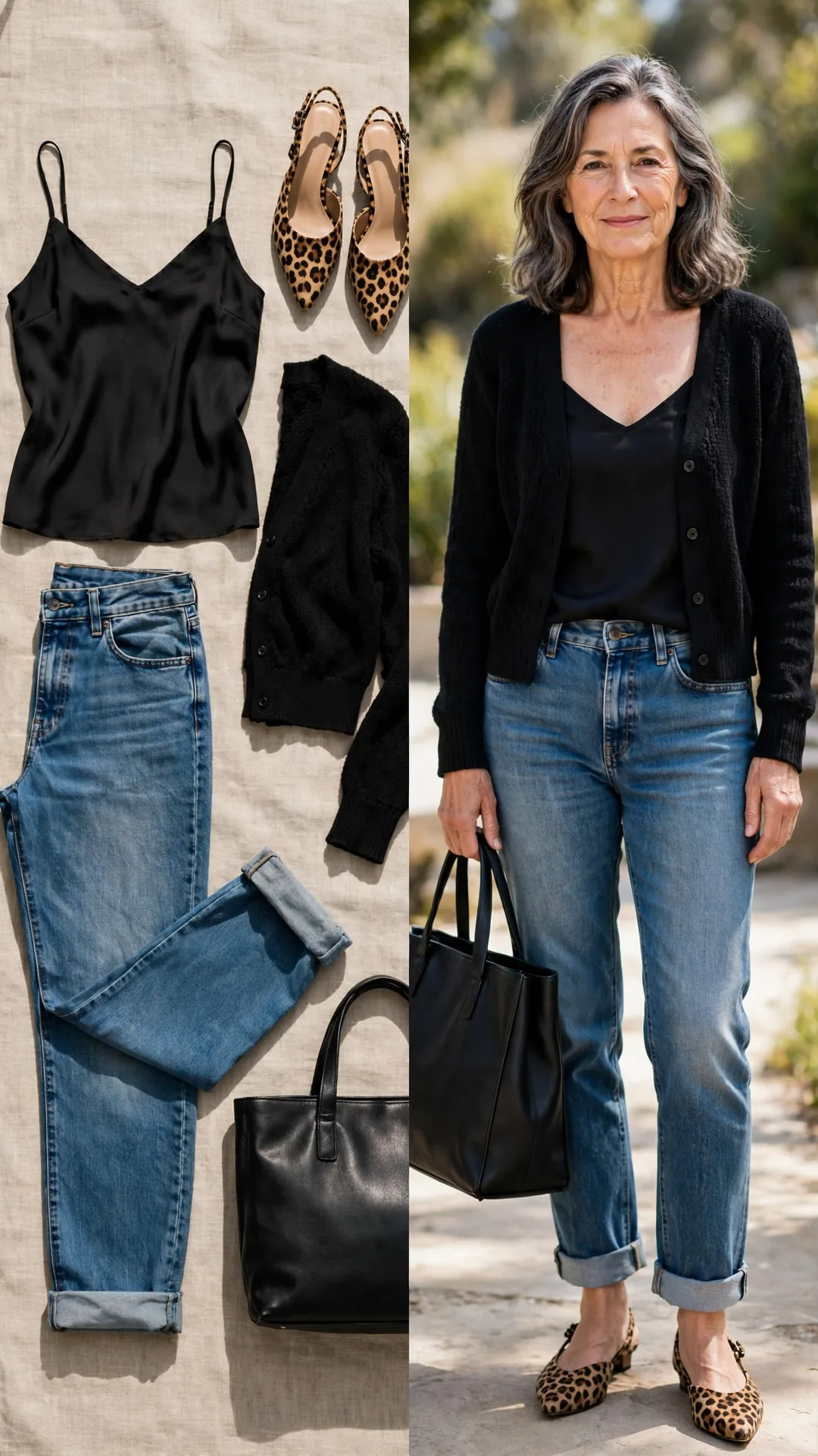 Split outfit idea: medium-wash cuffed jeans, black camisole, cropped cardigan and leopard mules flat lay, and a mature woman wearing them with one clean cuff