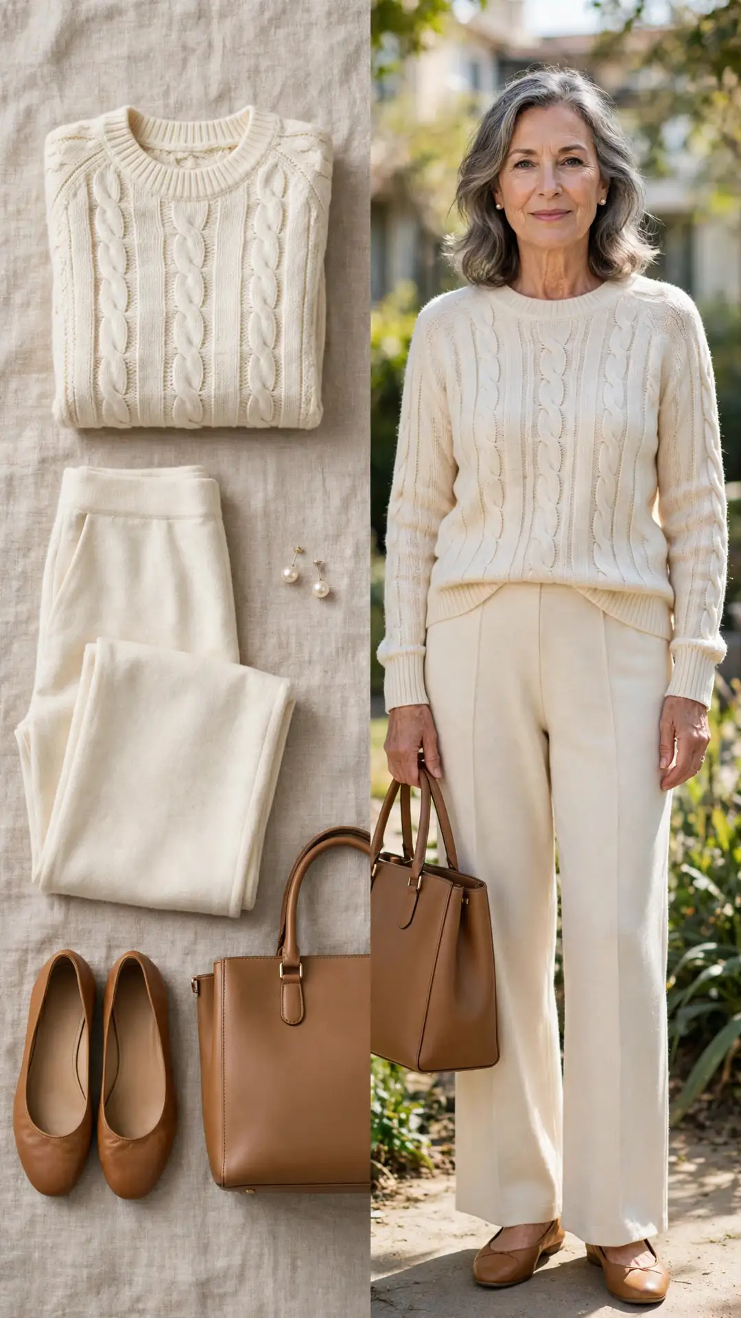Split outfit idea: cream cable-knit sweater, cream wide-leg trousers, tan flats and camel tote flat lay, and a mature woman wearing the monochrome outfit