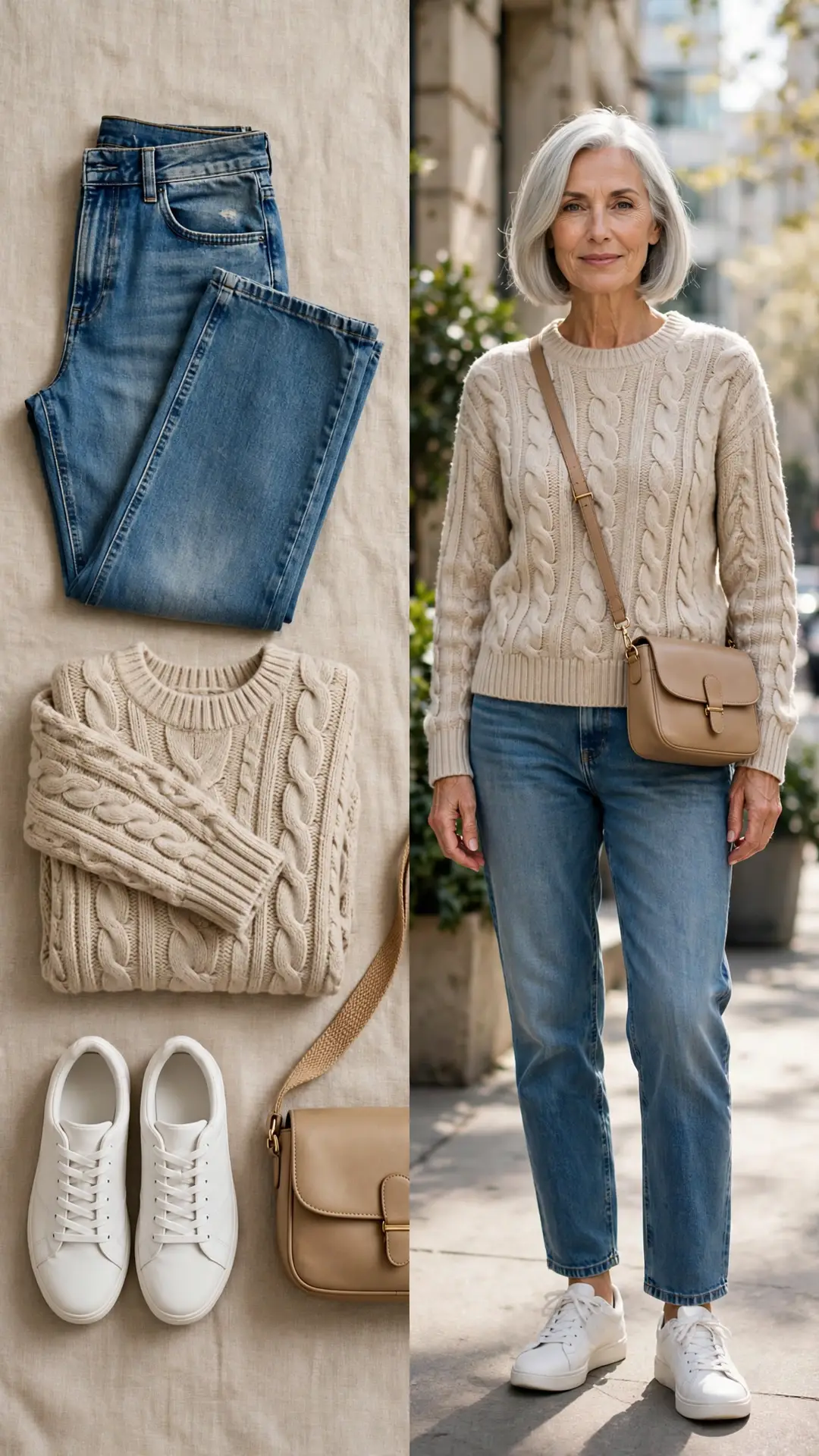 Split outfit idea: Relaxed Mom Jean + Oatmeal Sweater flat lay, and a mature woman over 50 wearing it