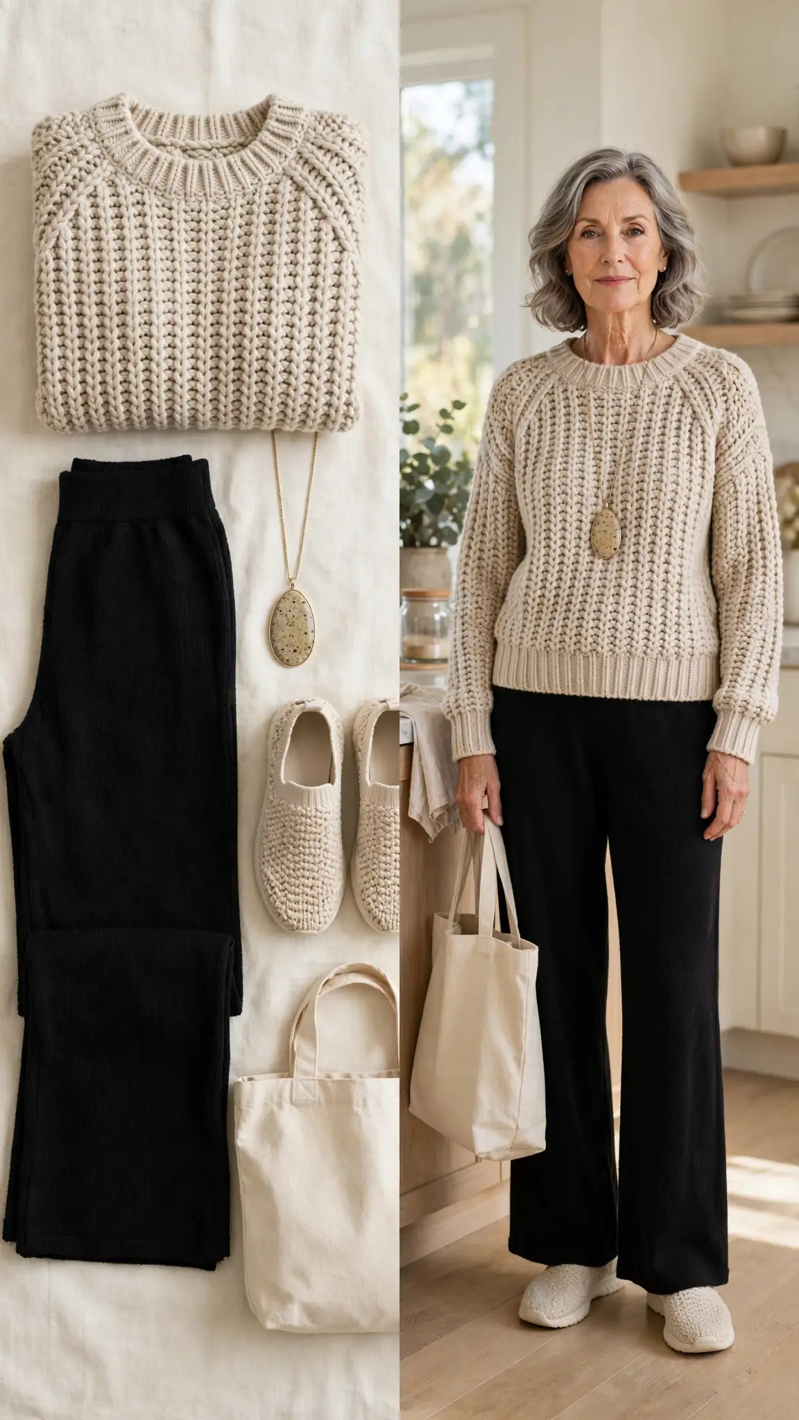 Split outfit idea: Wide-Leg Pants and a Cozy Knit Pullover flat lay, and a mature woman over 50 wearing it