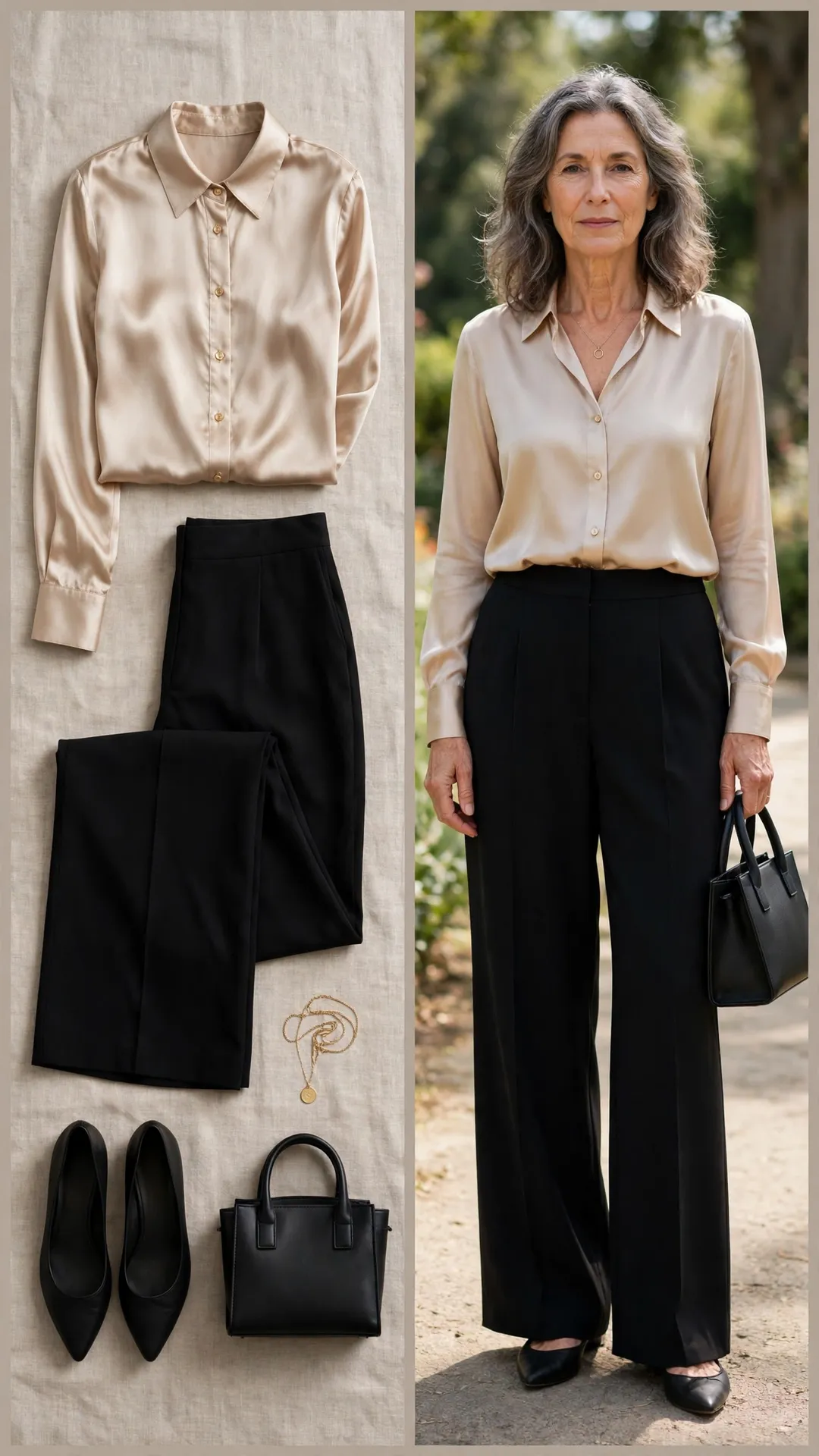 Split outfit idea: champagne silk blouse, black wide-leg trousers, black flats and black mini tote flat lay, and a mature woman wearing them