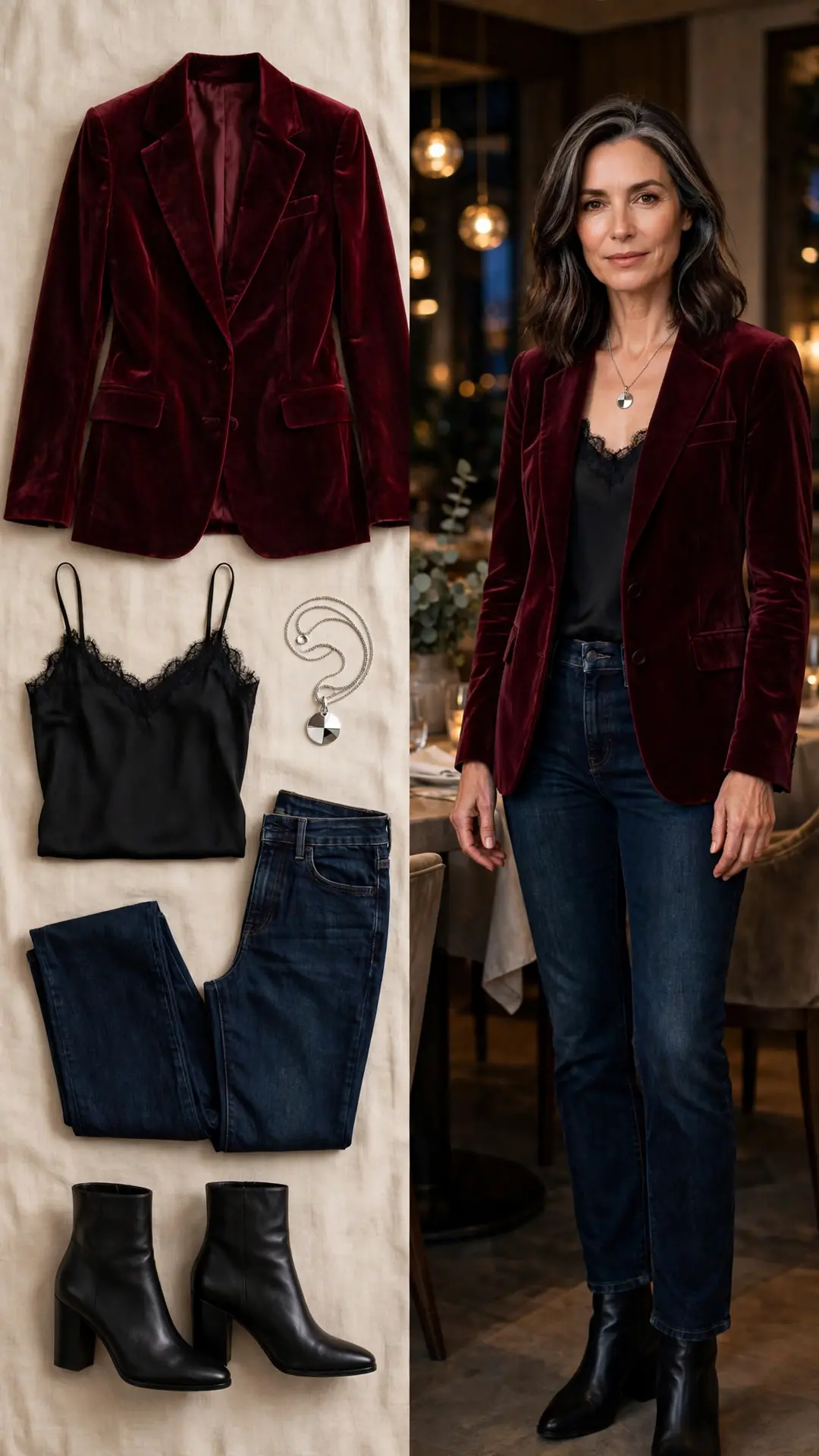 Split outfit idea: flat lay and a mature woman wearing a burgundy velvet blazer over a black camisole with dark indigo straight jeans, black ankle boots, and a silver pendant necklace in an upscale restaurant.
