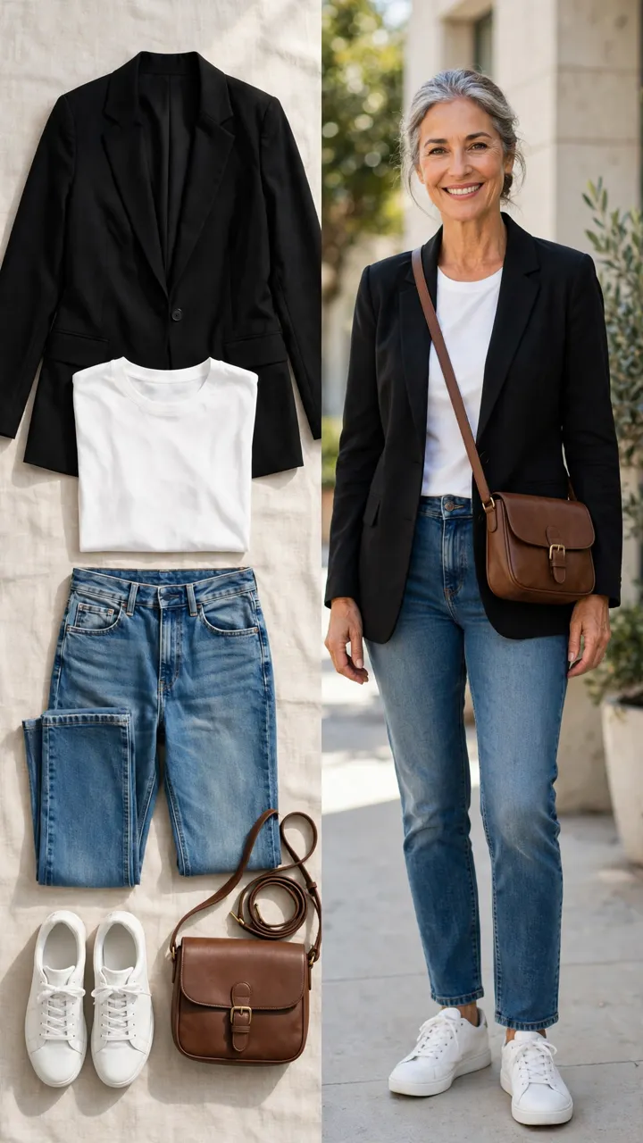 Split outfit idea: Blazer Over Tee flat lay, and a mature woman over 50 wearing it