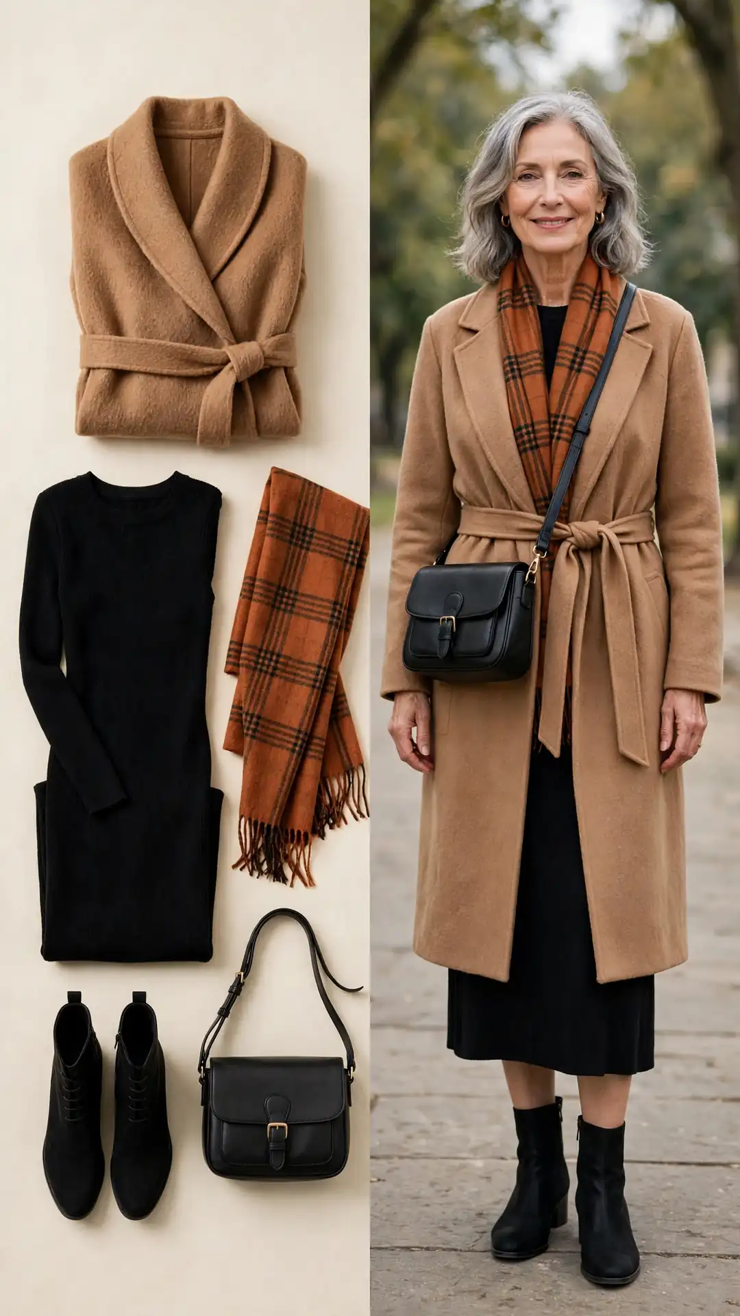 Split outfit idea: camel wrap coat and black knit dress flat lay and a mature woman wearing them with a burnt-orange plaid scarf and black ankle boots