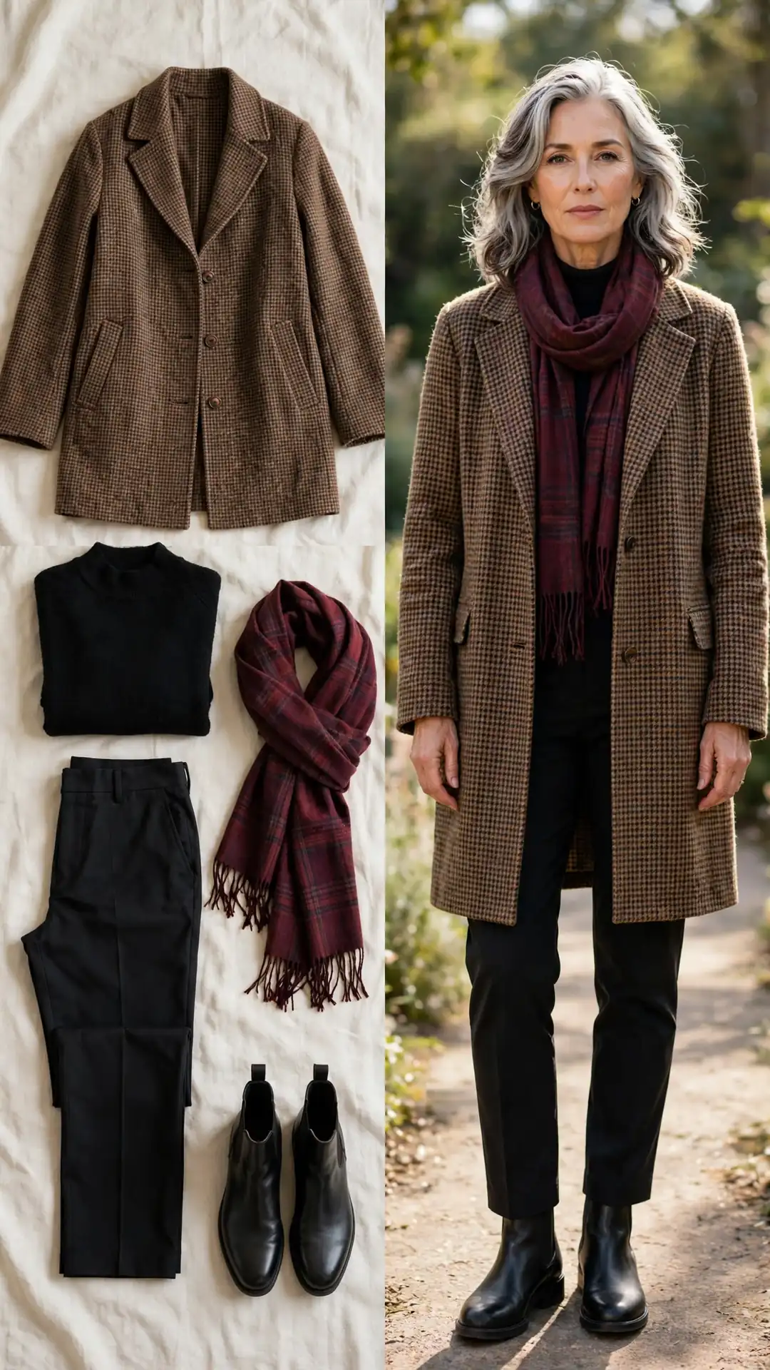 Brown houndstooth wool coat with black roll-neck, black trousers, black Chelsea boots and burgundy plaid scarf