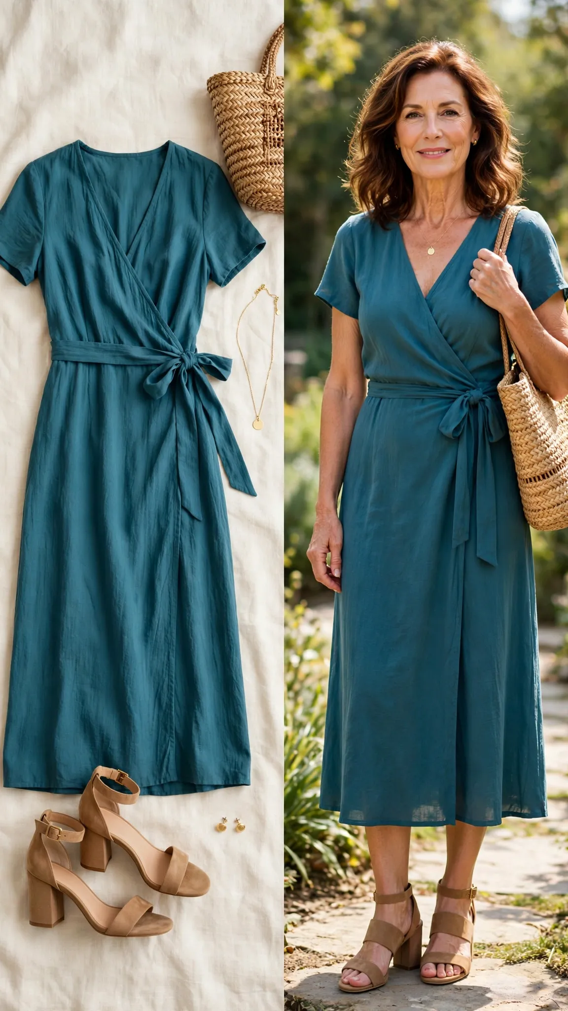 Split outfit idea: The No-Iron Wrap Dress flat lay, and a mature woman over 50 wearing it