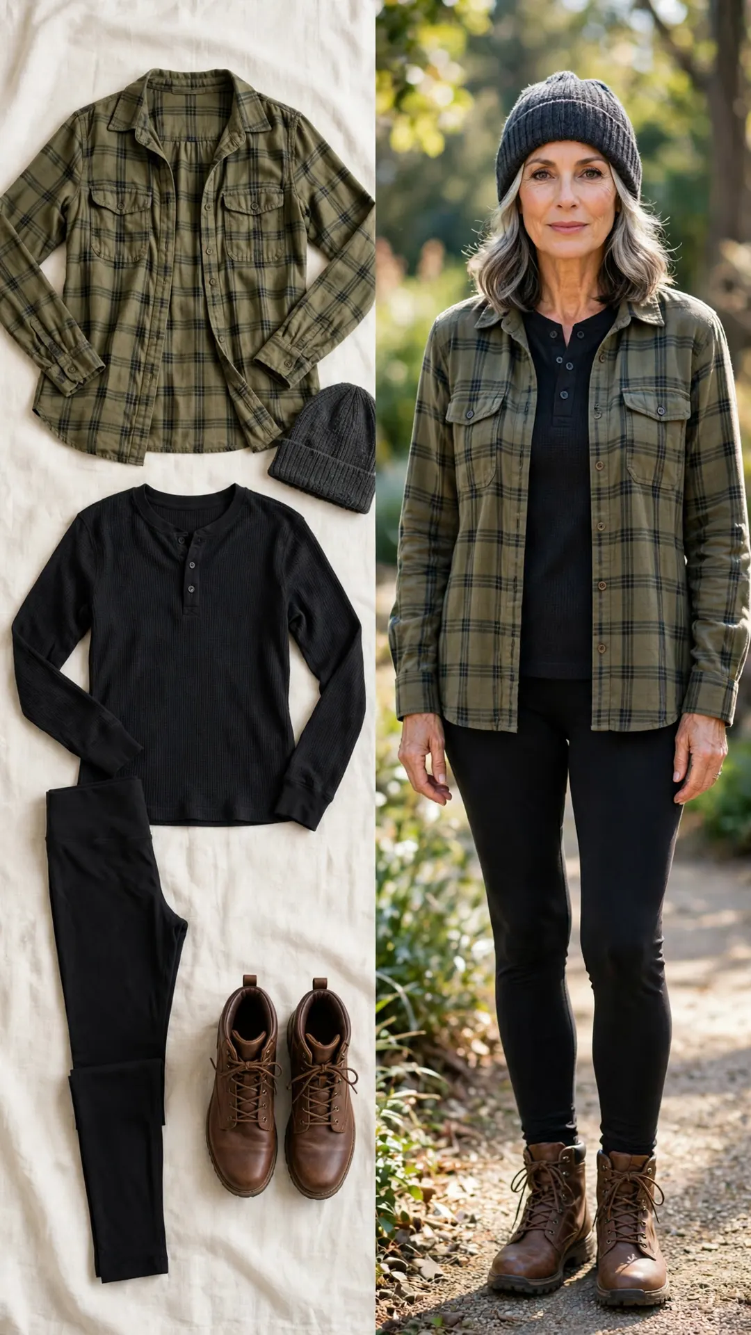 Split outfit idea: olive plaid shacket, black waffle thermal henley, black leggings and brown lace-up hiking boots, and a mature woman wearing it with a charcoal knit beanie.