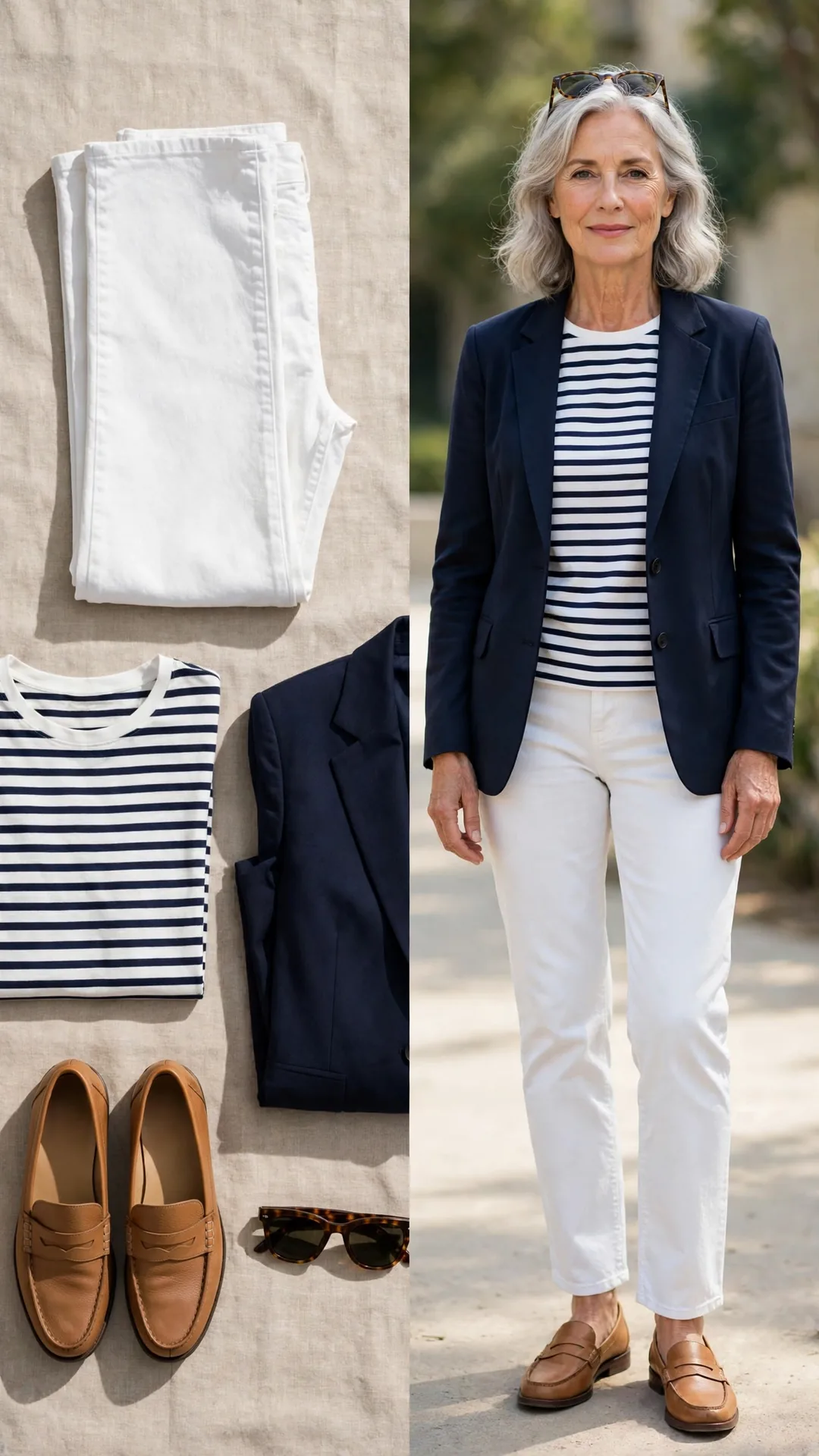Split outfit idea: white jeans, Breton stripe tee, navy blazer and tan loafers flat lay, and a mature woman wearing them