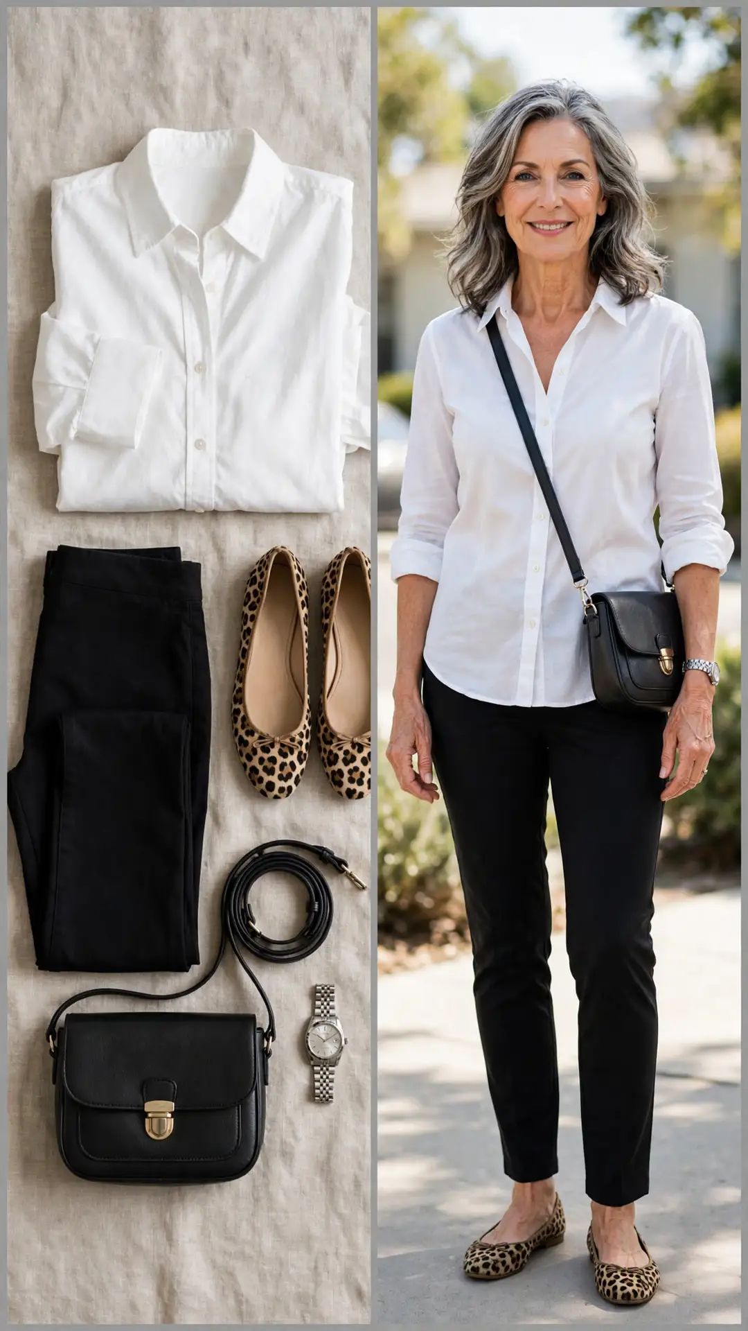 Split outfit idea: white button-down shirt, black trousers, leopard ballet flats and black crossbody flat lay, and a mature woman wearing them