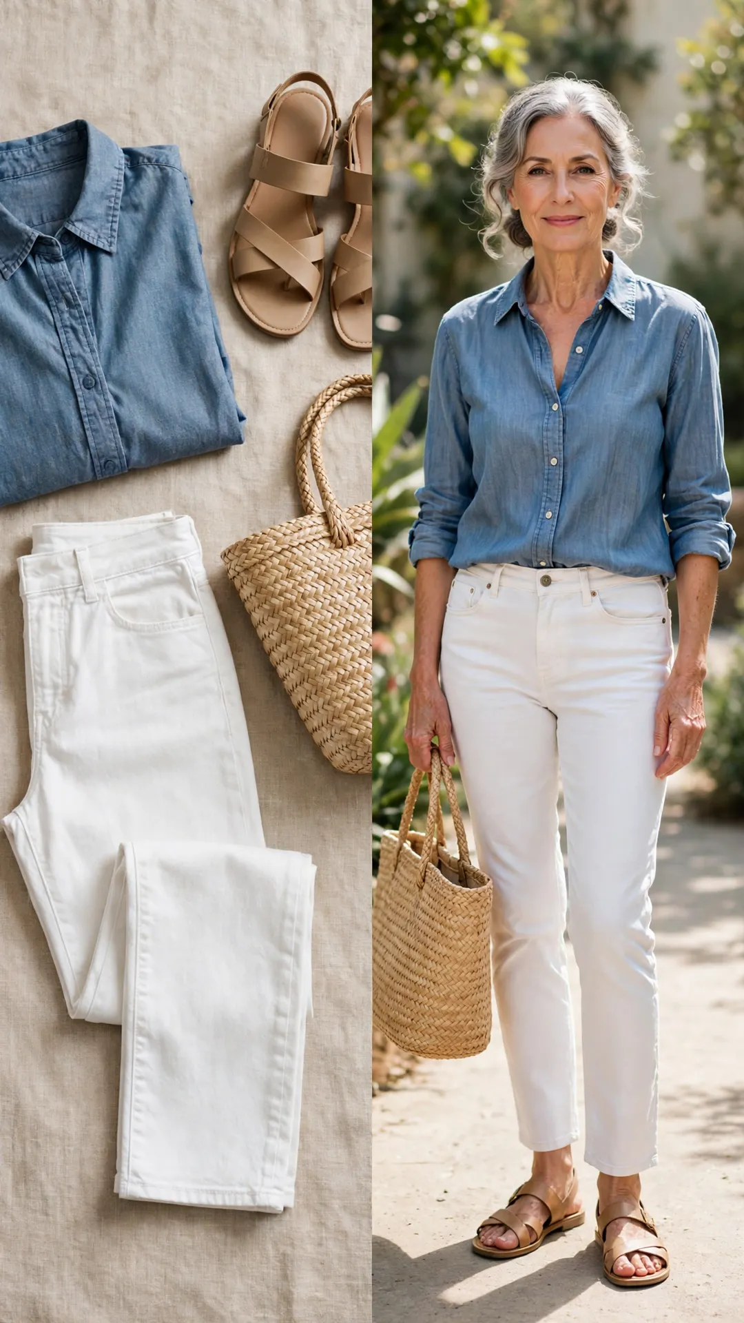 Split outfit idea: White Straight Jeans + Chambray Shirt flat lay, and a mature woman over 50 wearing it