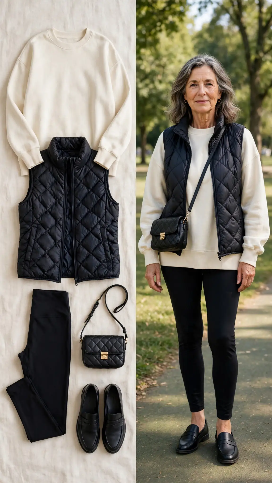 Split outfit idea: The Easy Black Legging Weekend Uniform flat lay, and a mature woman over 50 wearing it