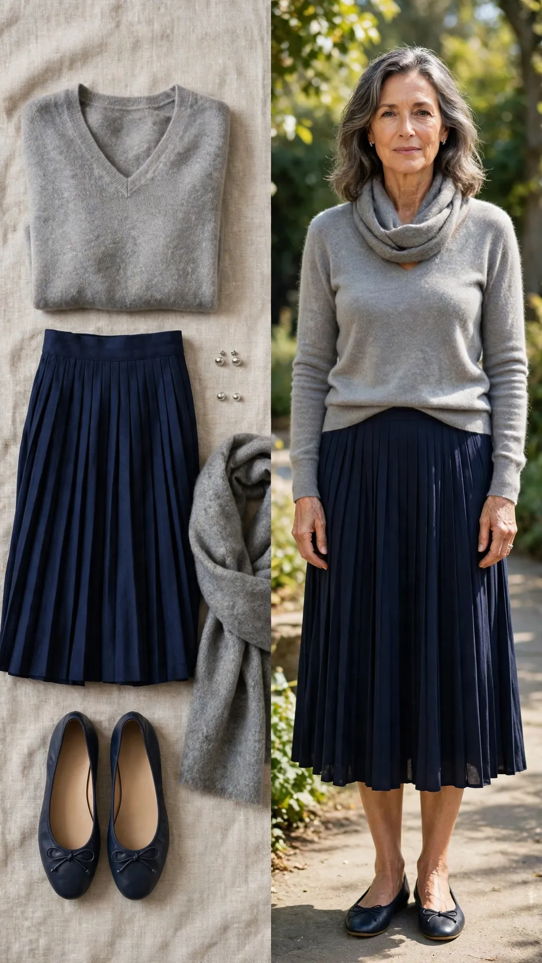 Split outfit idea: grey v-neck cashmere sweater, navy pleated midi skirt, navy flats and grey scarf flat lay, and a mature woman wearing them