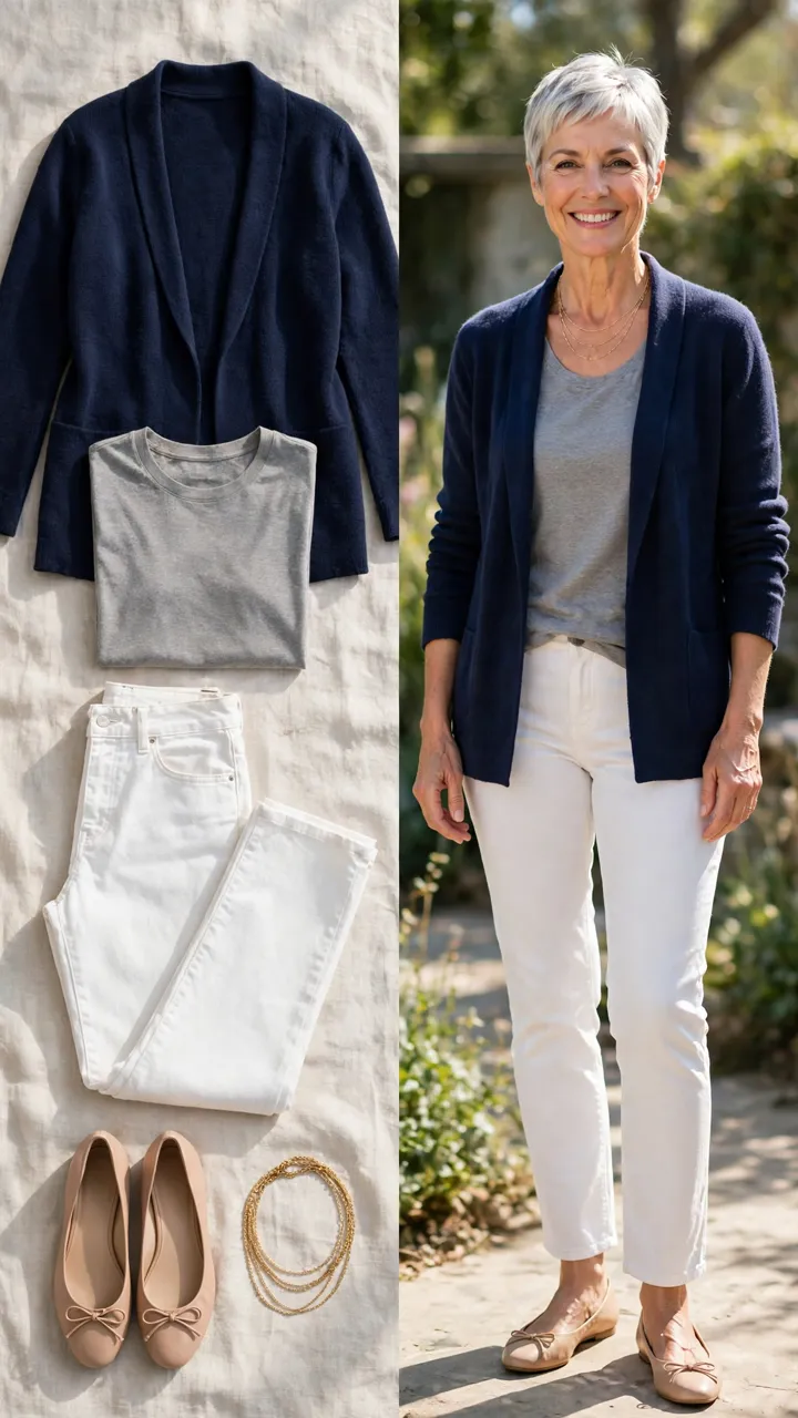 Split outfit idea: The Knit Blazer flat lay, and a mature woman over 50 wearing it