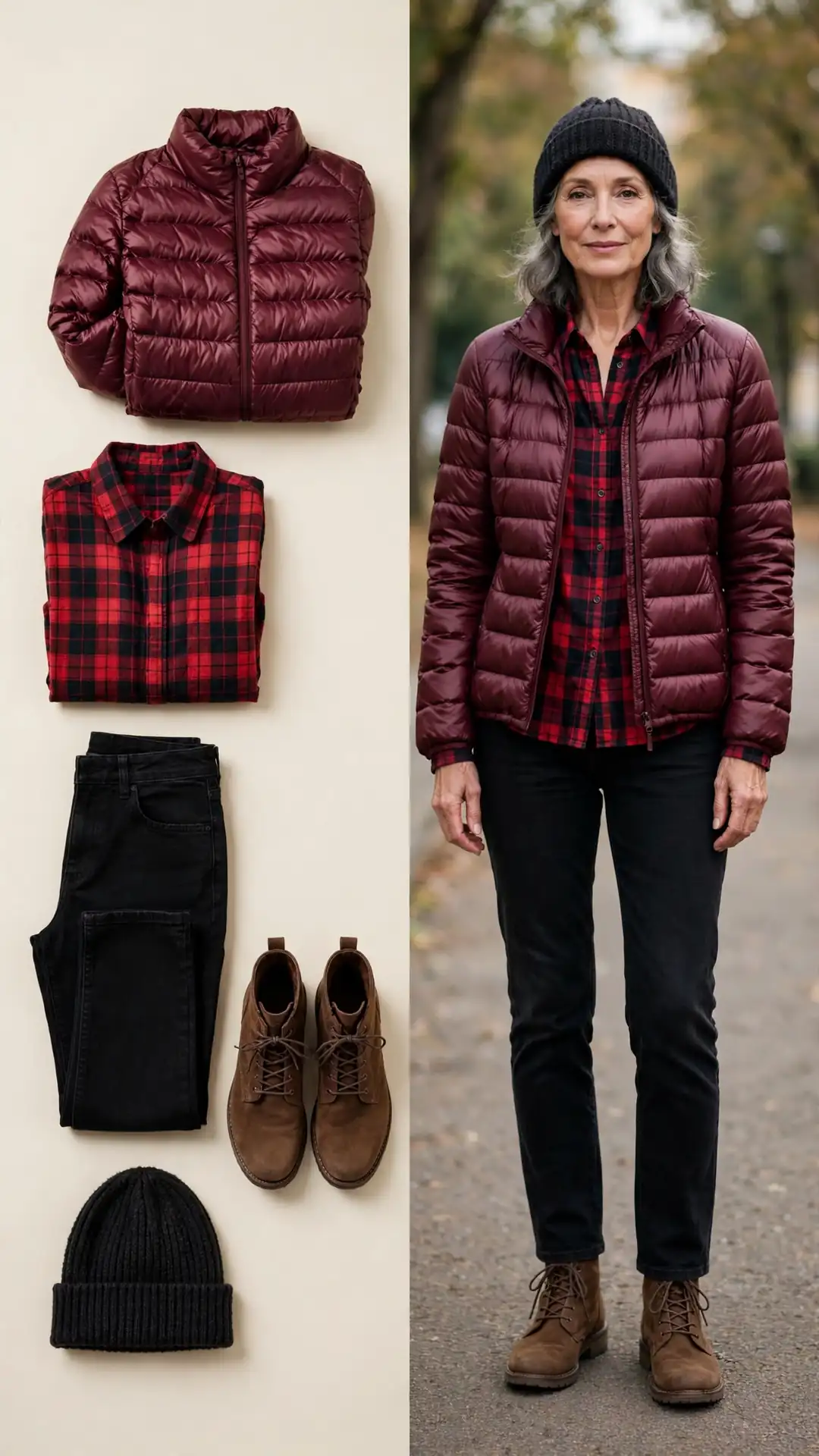 Split outfit idea: burgundy puffer jacket and red-black plaid flannel shirt flat lay and a mature woman wearing them with black jeans and brown lace-up boots