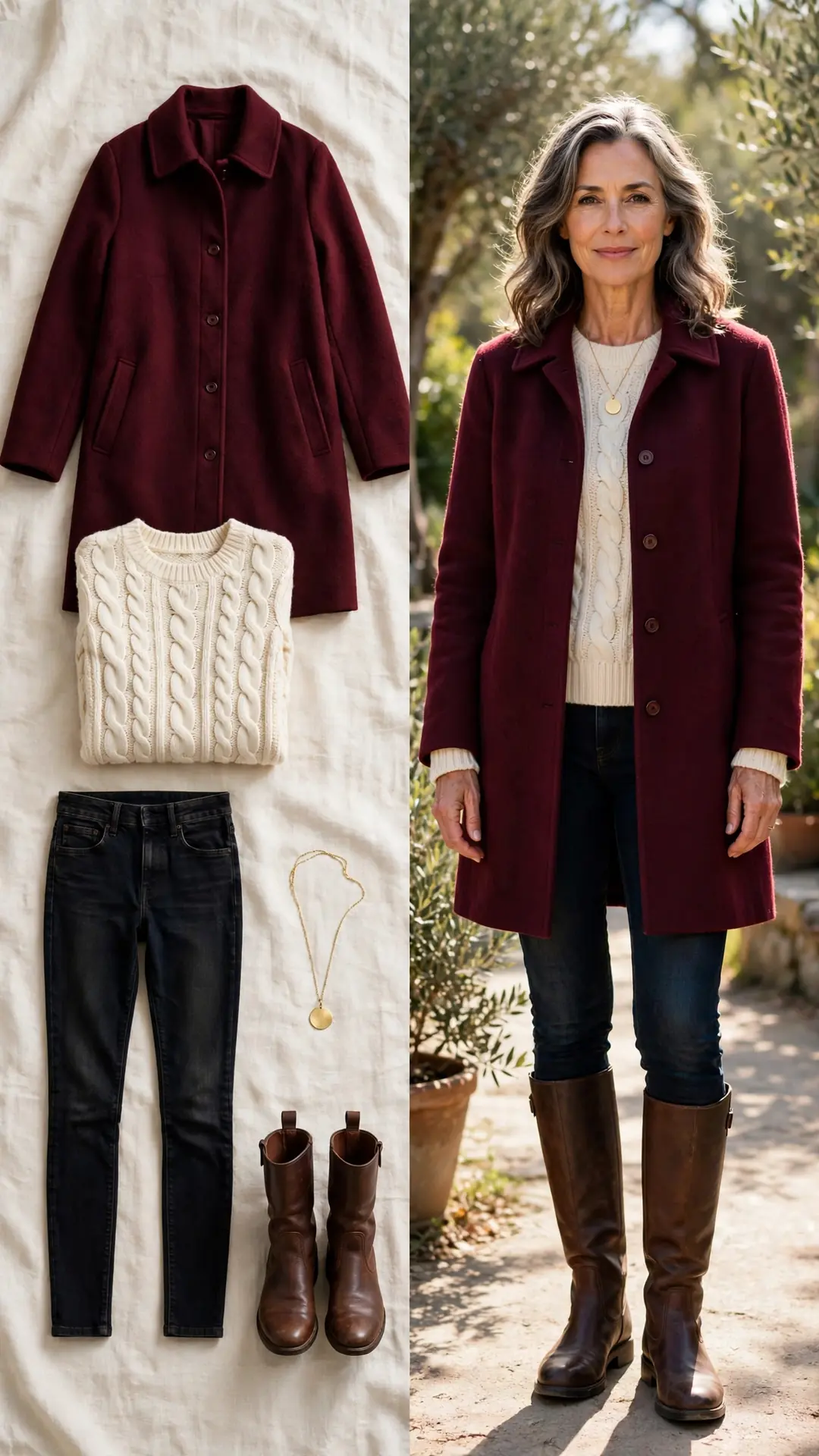 Burgundy wool coat with cream cable-knit sweater, dark jeans and brown leather riding boots