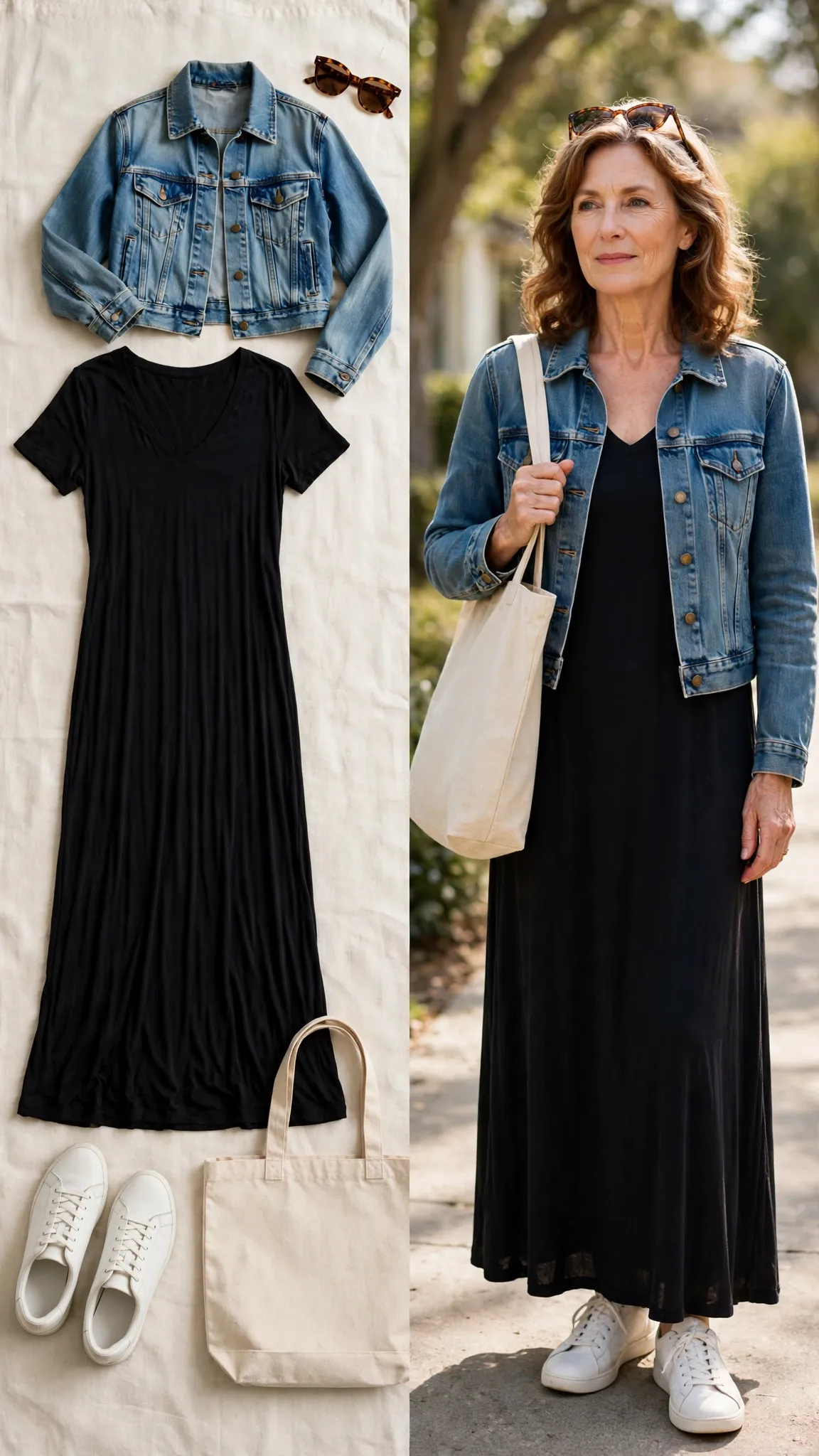 Split outfit idea: Jersey Maxi Plus Denim Jacket flat lay, and a mature woman over 50 wearing it