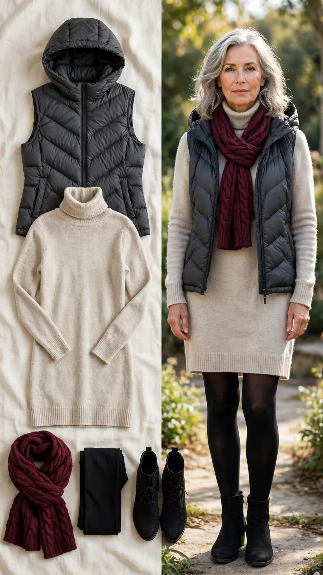 Split outfit idea: charcoal hooded puffer vest, oatmeal turtleneck sweater dress, black opaque tights and black ankle boots, and a mature woman wearing it with a burgundy knit scarf.