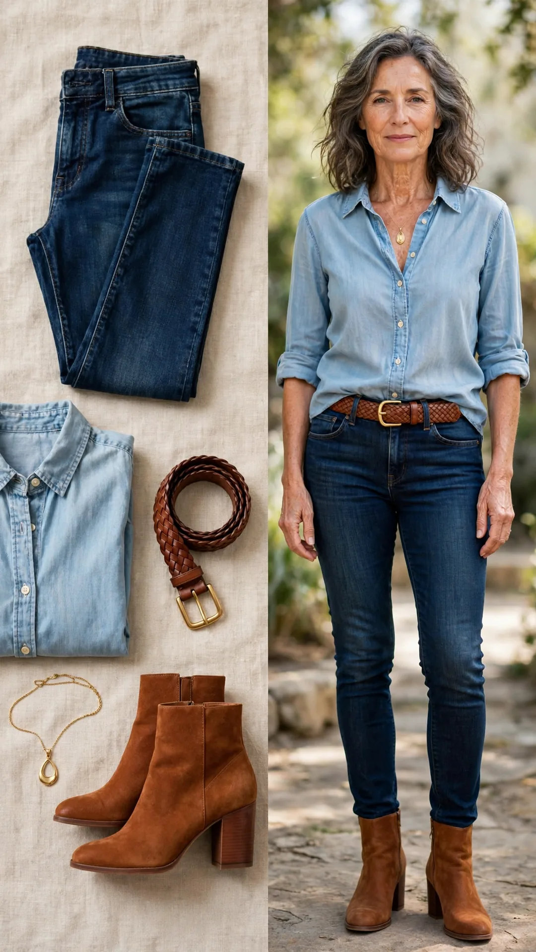 Split outfit idea: dark indigo jeans, light chambray shirt, cognac boots and woven belt flat lay, and a mature woman wearing them with the shirt half-tucked