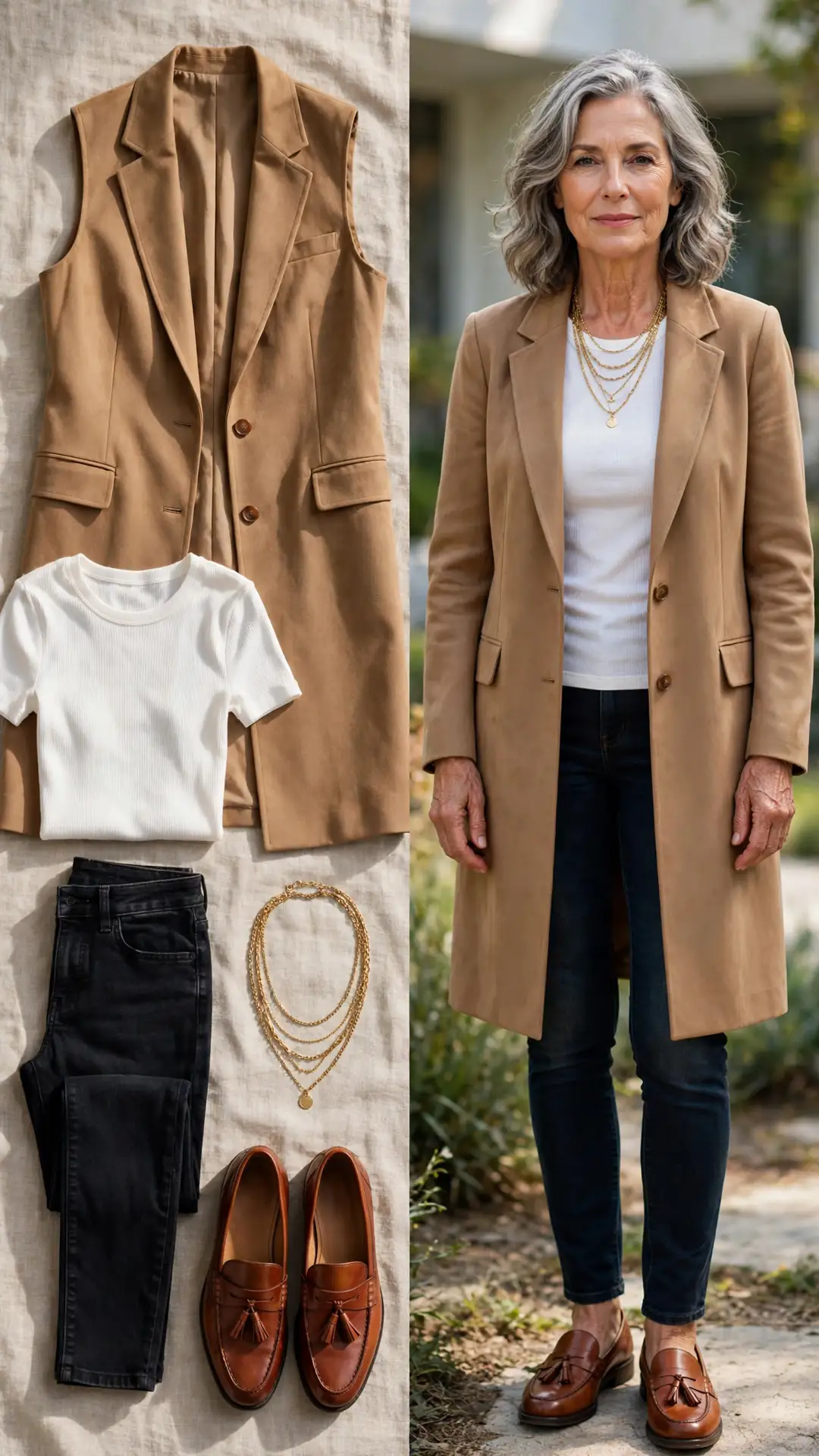 Split outfit idea: long camel tailored vest, white tee, dark skinny jeans and cognac loafers flat lay, and a mature woman wearing them