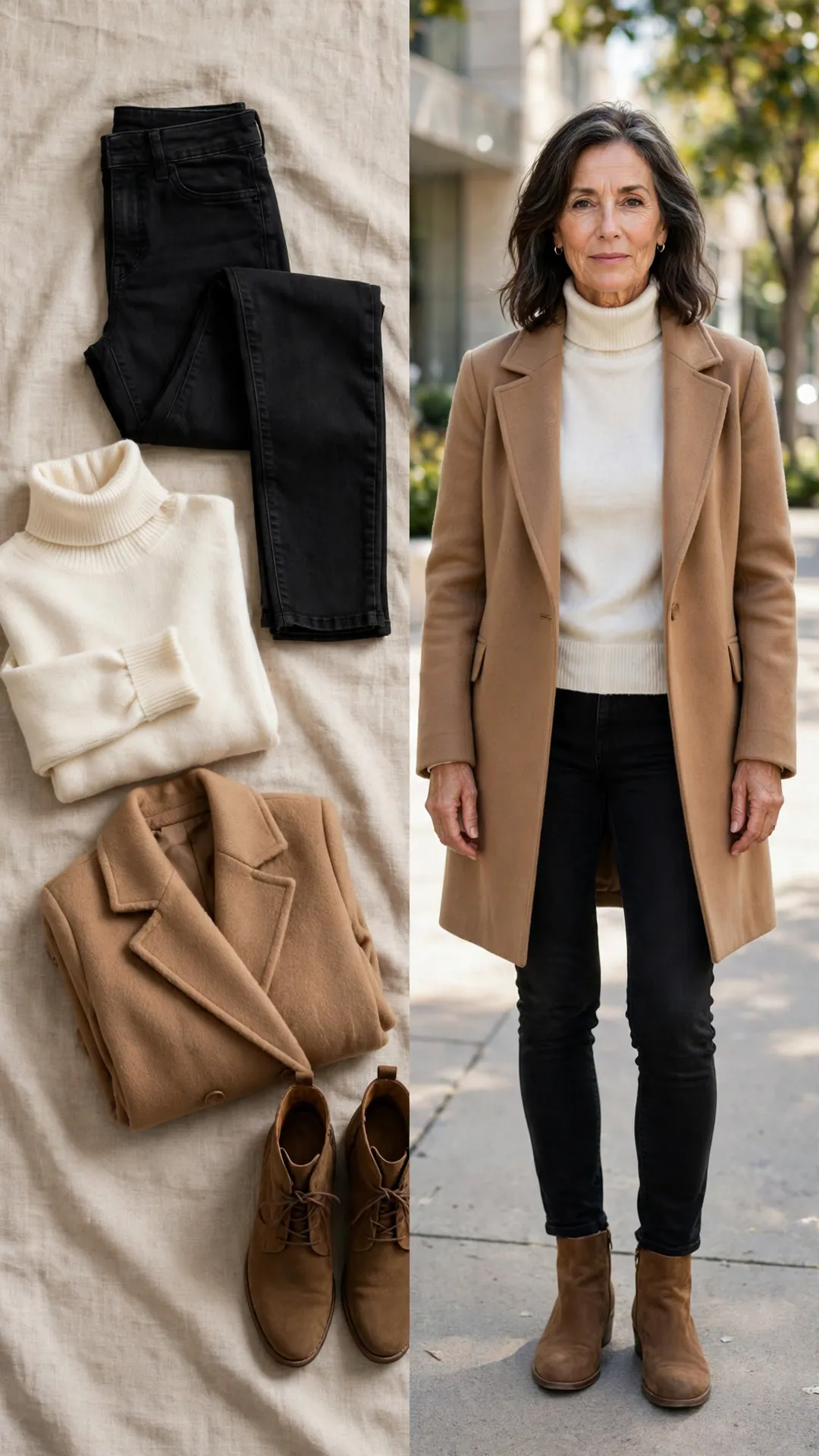 Split outfit idea: Black Skinny Jeans + Camel Coat flat lay, and a mature woman over 50 wearing it