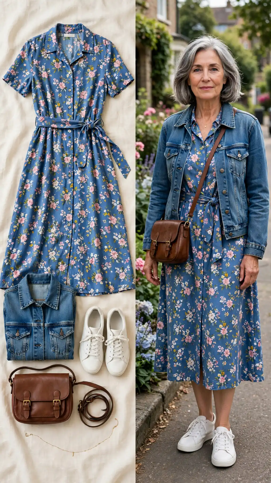 Split outfit idea: Denim Jacket, Floral Midi Dress, and White Sneakers flat lay, and a mature woman over 50 wearing it