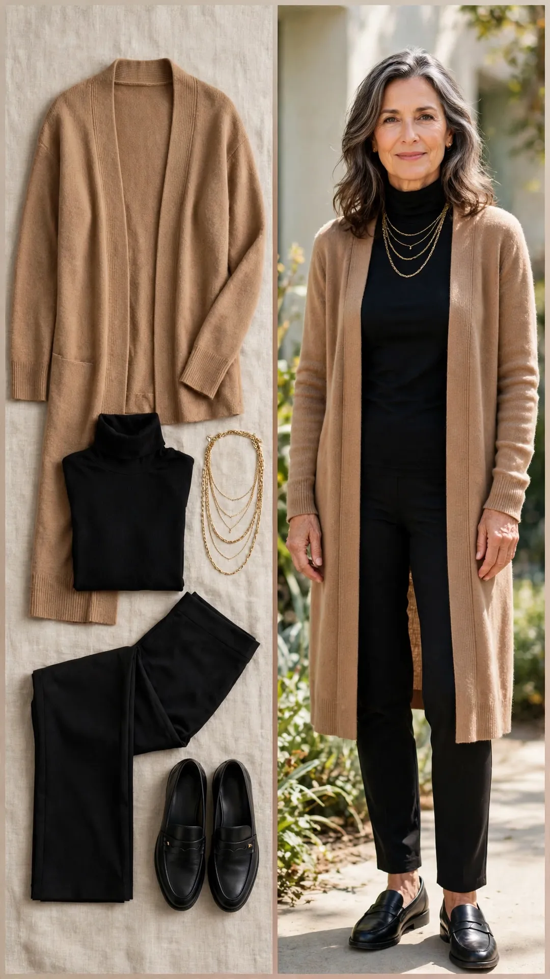 Split outfit idea: camel longline cardigan, black turtleneck, black ponte pants and black loafers flat lay, and a mature woman wearing them