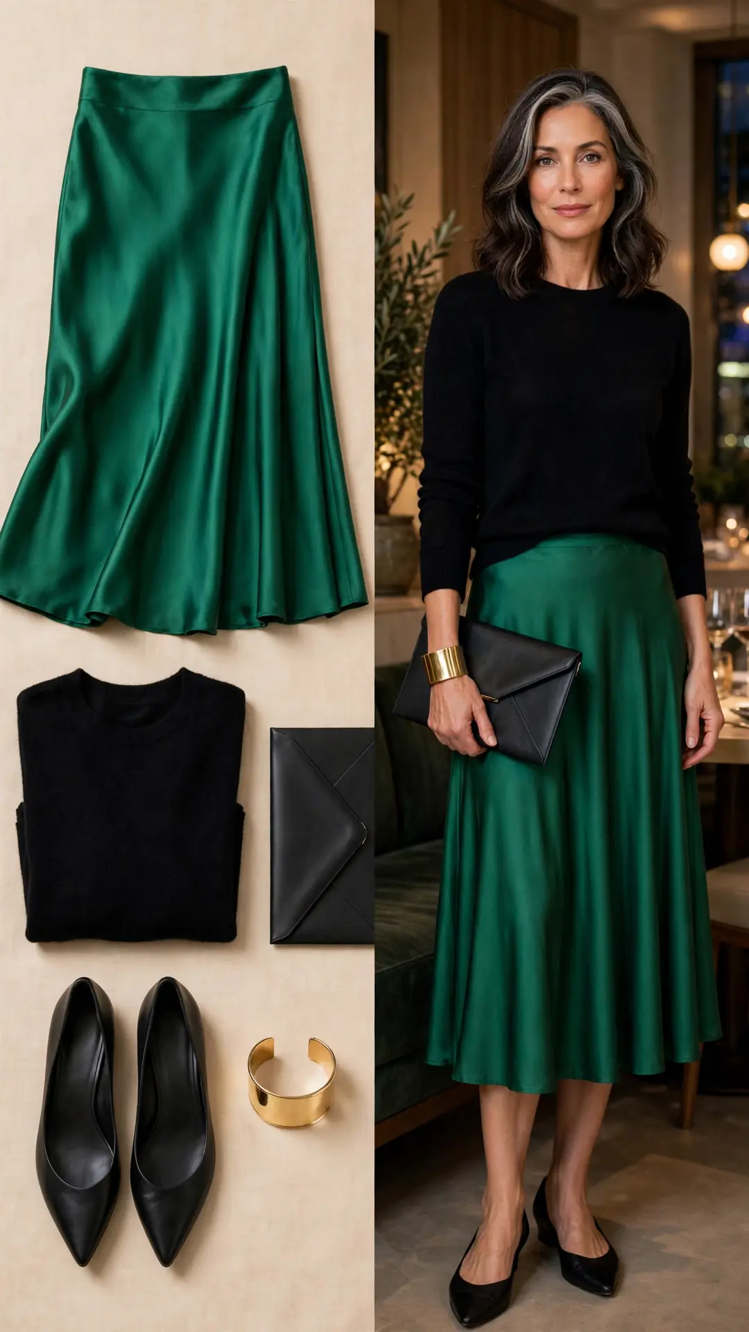 Split outfit idea: flat lay and a mature woman wearing an emerald green satin midi skirt with a black cashmere sweater, black pointed flats, a gold cuff bracelet, and a black envelope clutch in an upscale restaurant.
