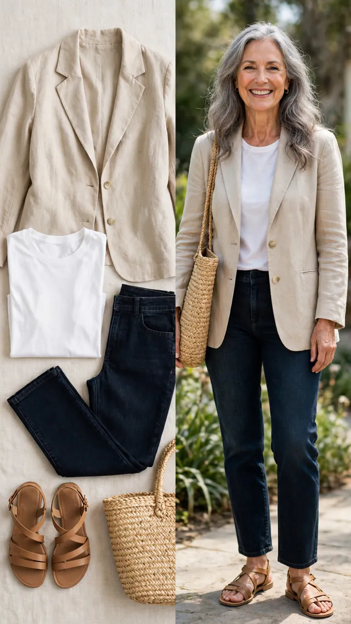 Split outfit idea: Denim and Linen flat lay, and a mature woman over 50 wearing it