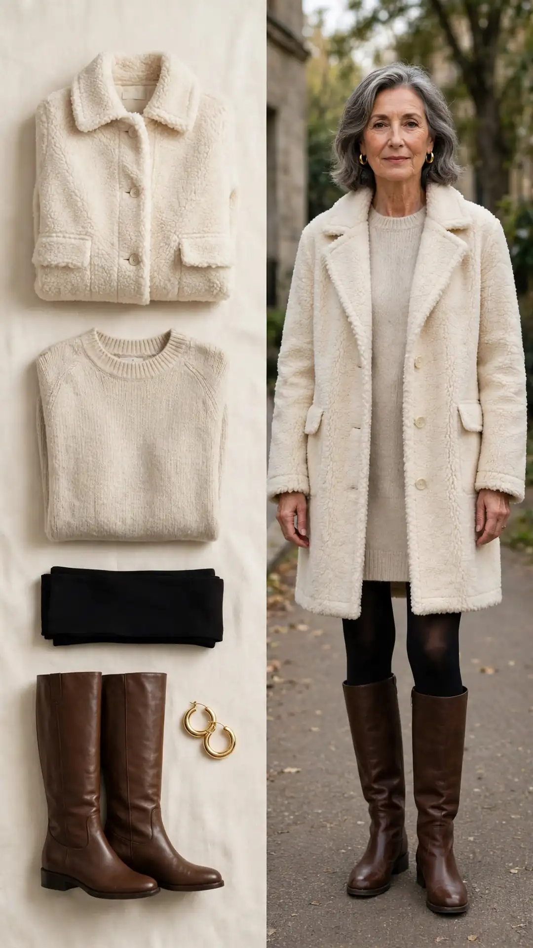 Split outfit idea: cream teddy coat and oatmeal sweater dress flat lay and a mature woman wearing them with black tights and brown knee-high boots